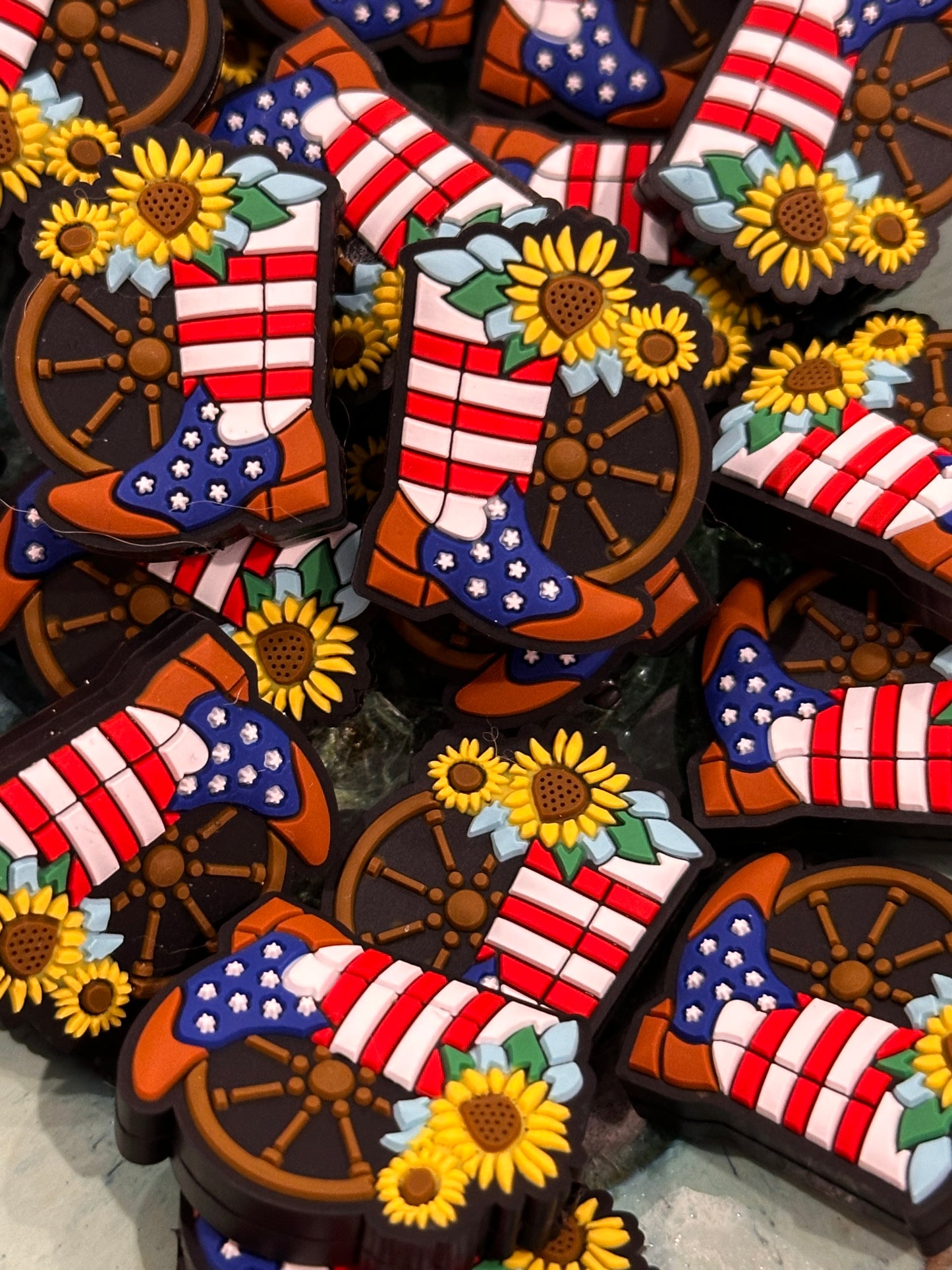 Patriotic Focal Bead/ American flag/ sunflower/ cowboy boots