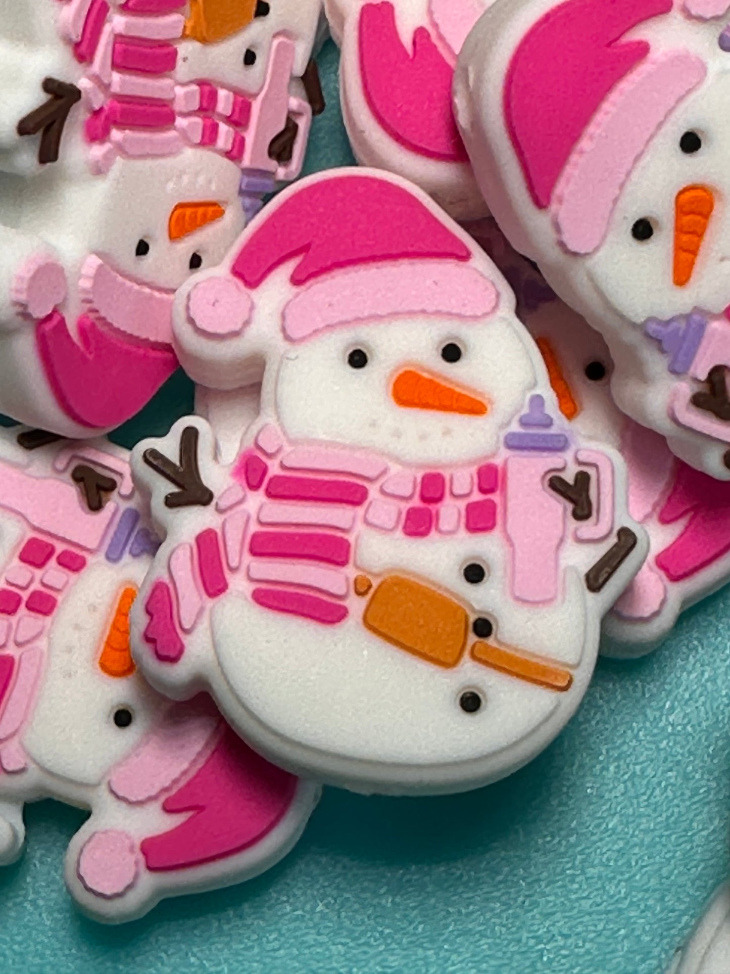 Pink Snowman holding tumbler Christmas/ Focal Bead/ beadable pen/ Silicone bead/ keychain bead/snow lady
