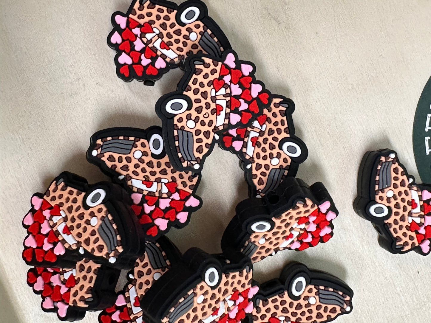Leopard print car focal bead/ silicone truck focal bead/ hearts/ Valentine’s Day/