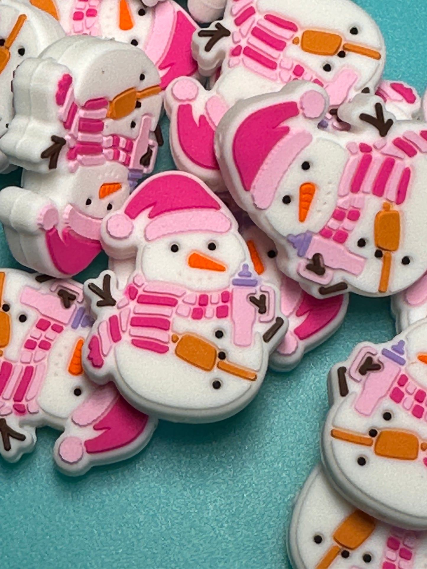 Pink Snowman holding tumbler Christmas/ Focal Bead/ beadable pen/ Silicone bead/ keychain bead/snow lady