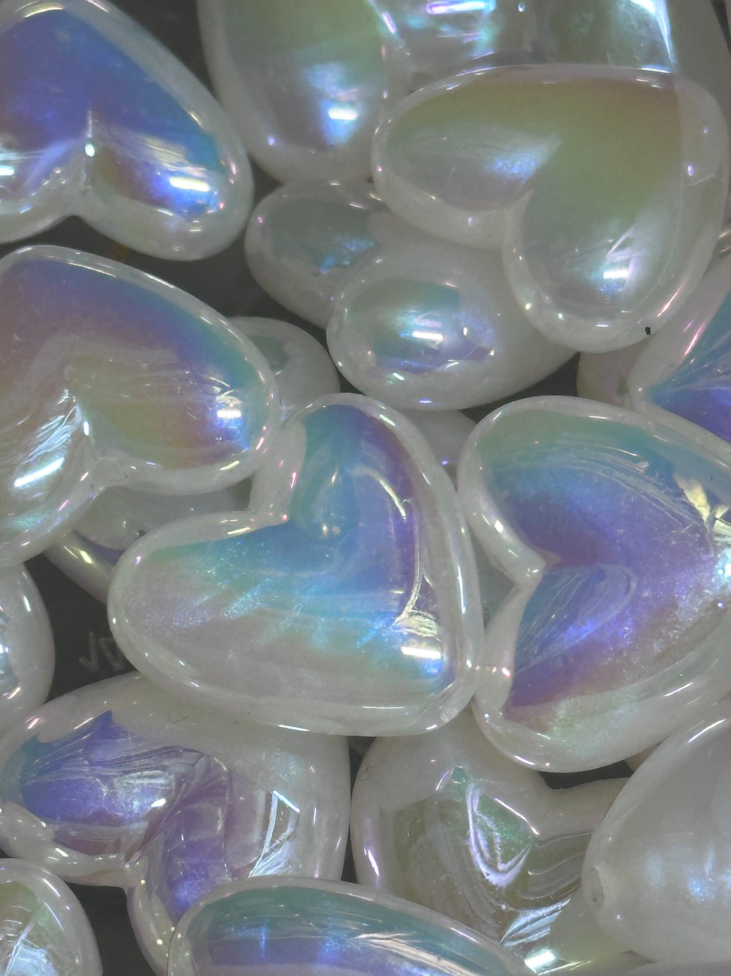 Iridescent white heart beads/ Five (5) acrylic heart shaped beads included/ jewelry Bead/ beadable pen beads/ keychain bead/ DIY