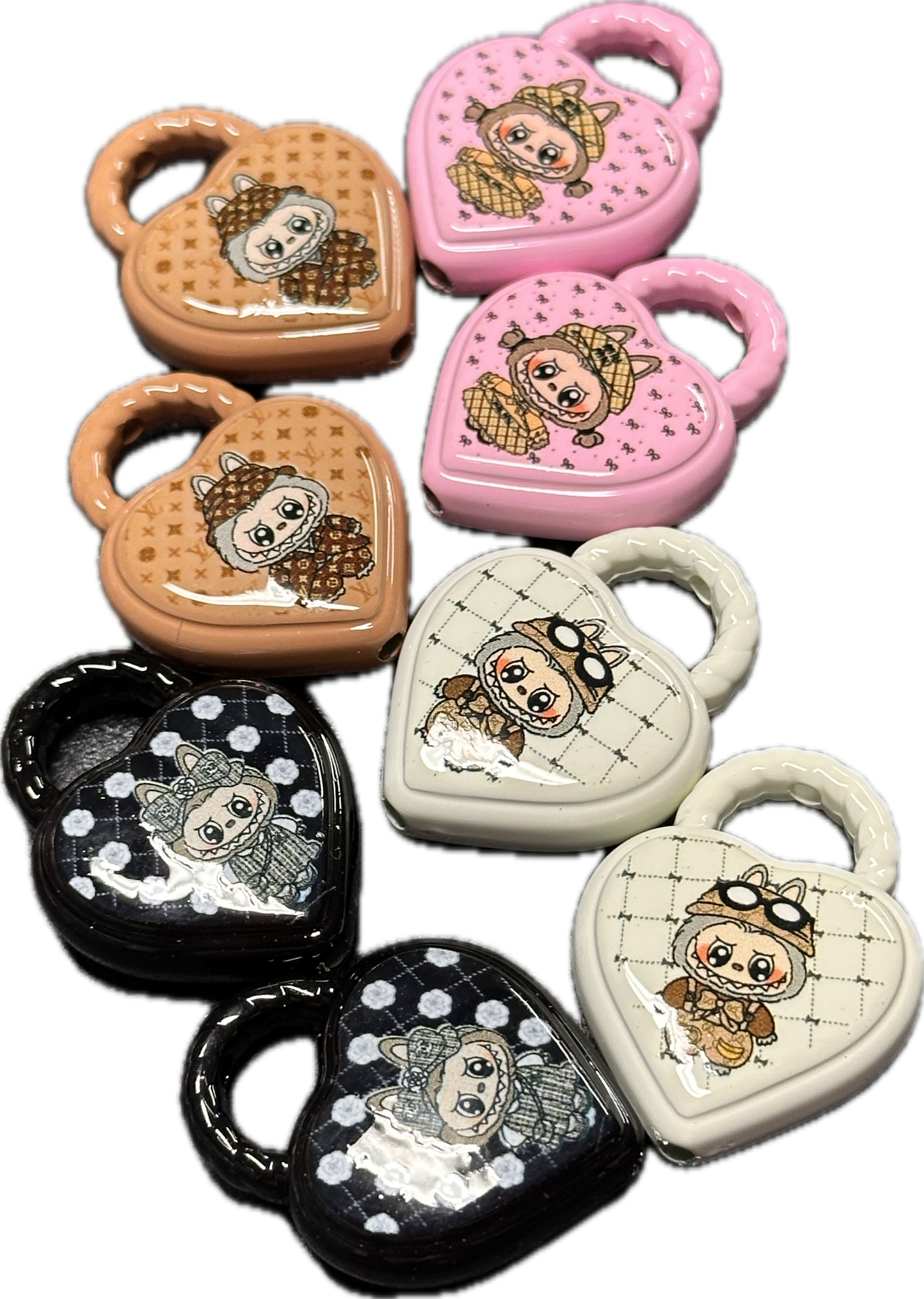 Heart shaped Labubu monster lock acrylic beads/ Four (4) beads or (8) beads included assorted colors/pen beading beads / keychain beads/ DIY/