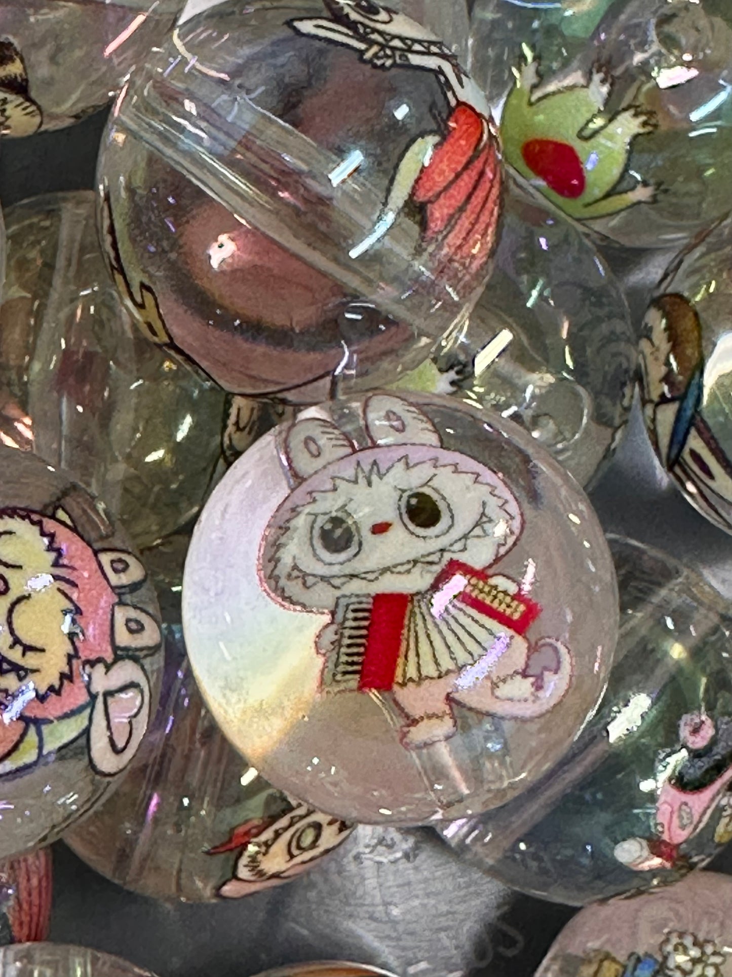 Labubu monster beads/ Ten (10) beads included assorted styles /Clear acrylic round beads/ will fit pen / keychain beads/ DIY/approx. 20 mm