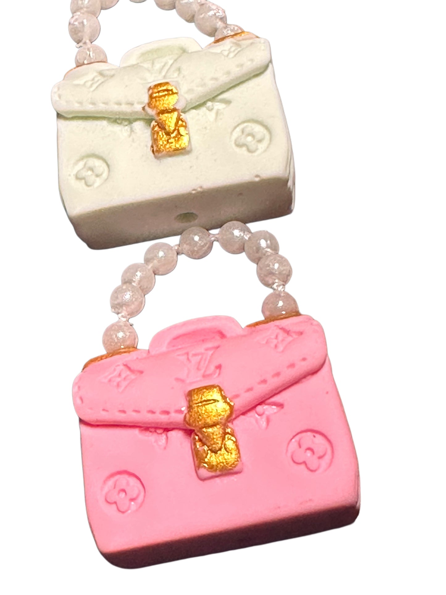 Fancy design handbag with beaded pearl handle/set of 5/hole for jewelry,beaded pens, and phone charms
