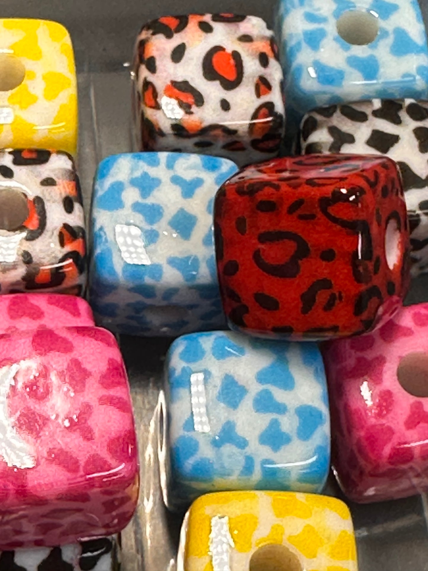 Ten (10) animal print cube shaped beads/ pen beading beads / keychain beads/ DIY/ 14mm/ acrylic/ assorted colors
