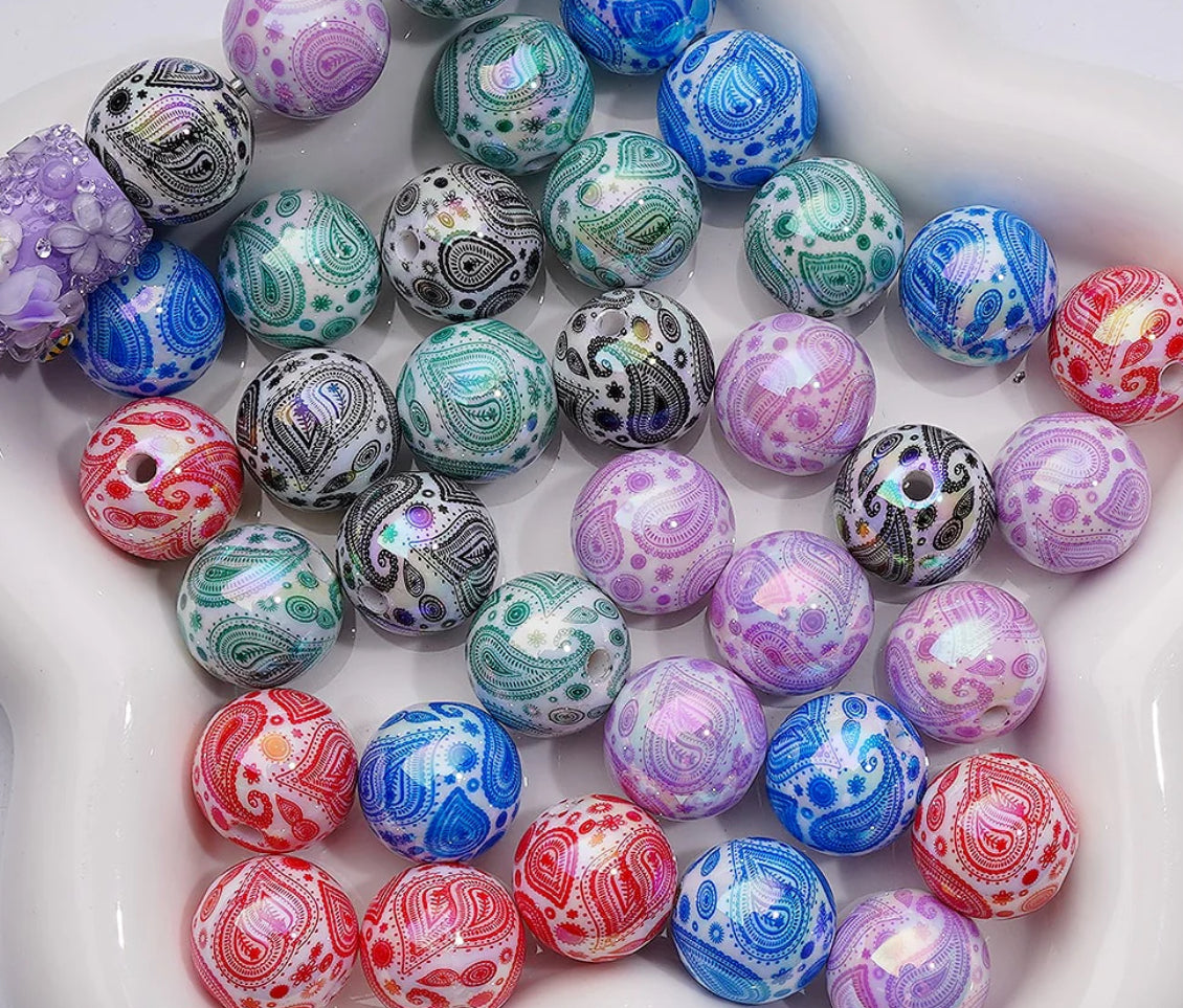 Ten (10) acrylic assorted color amoeba pattern round shaped beads included/ jewelry Bead/ beadable pen beads/ keychain bead/ DIY/ shiny unique 16mm beads UV coated