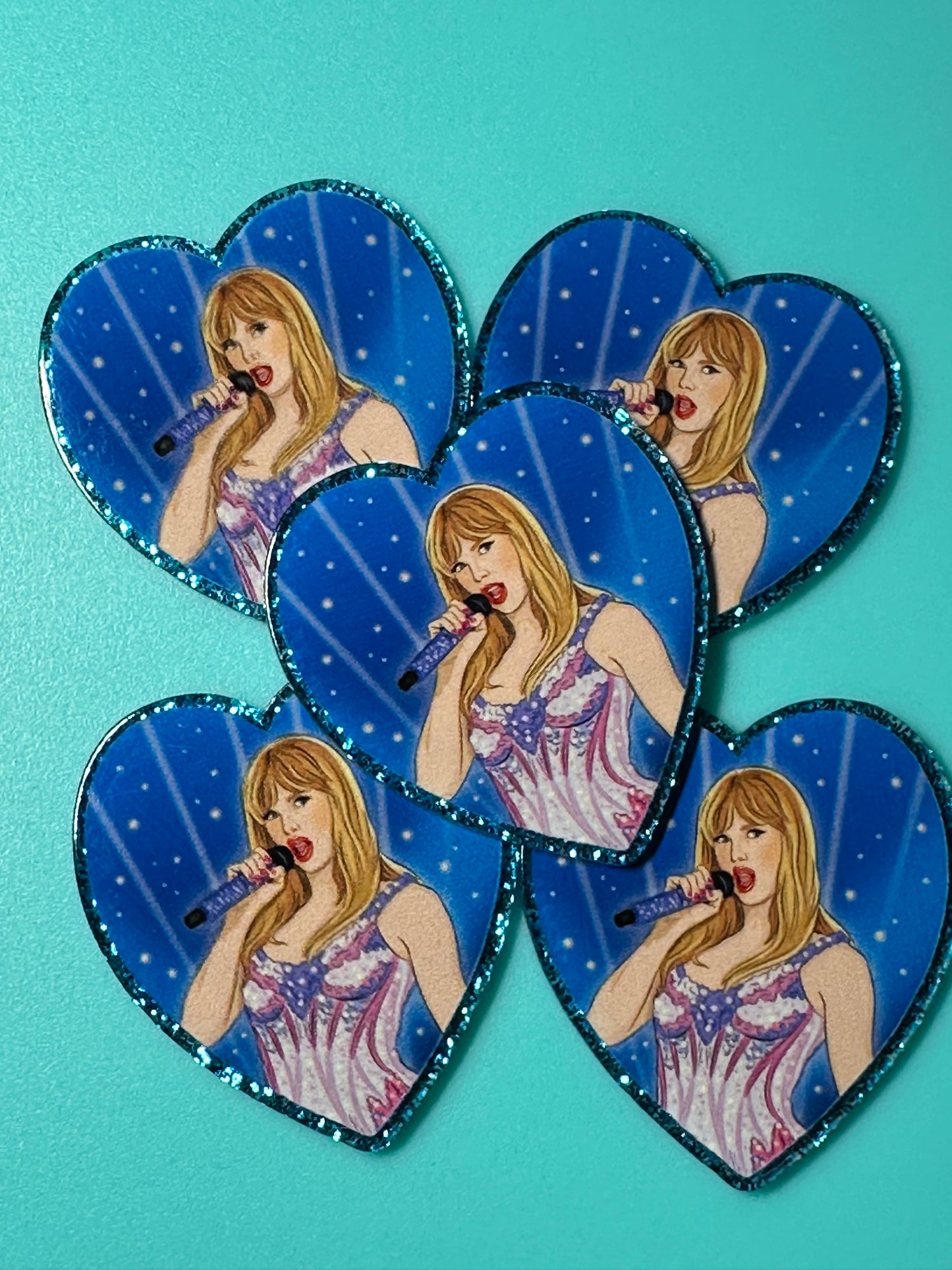 Three (3) Taylor Swift heart acrylic pieces/ cute print/ badge reel/