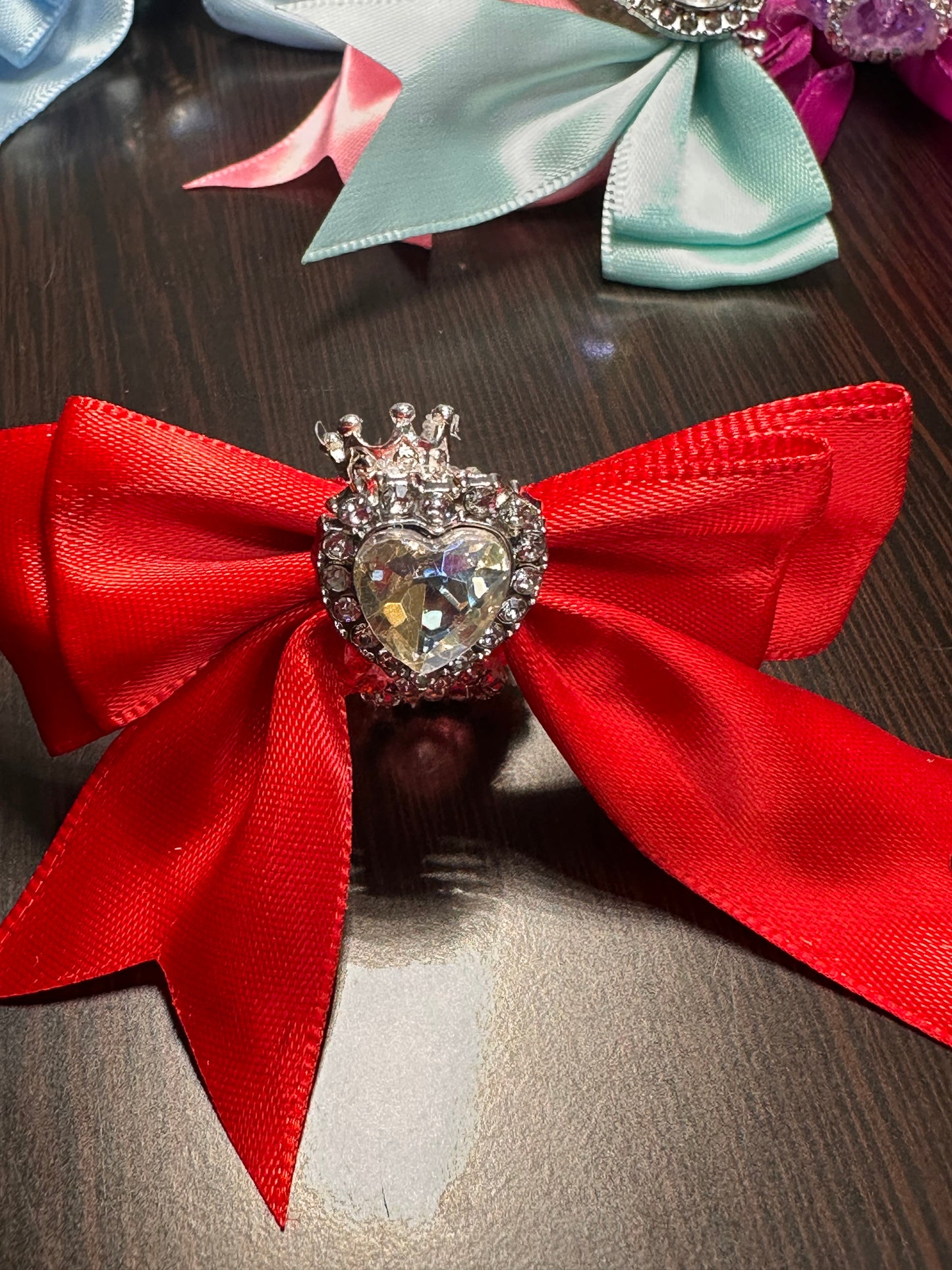 Large fancy rhinestones crown beads with satin bow