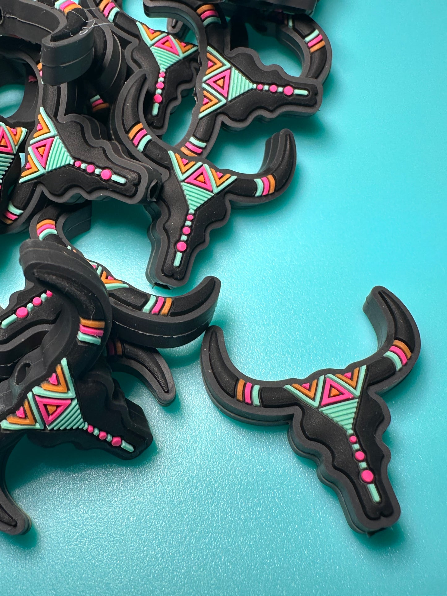 Aqua and pink Aztec cow head steer skeleton Focal Bead /