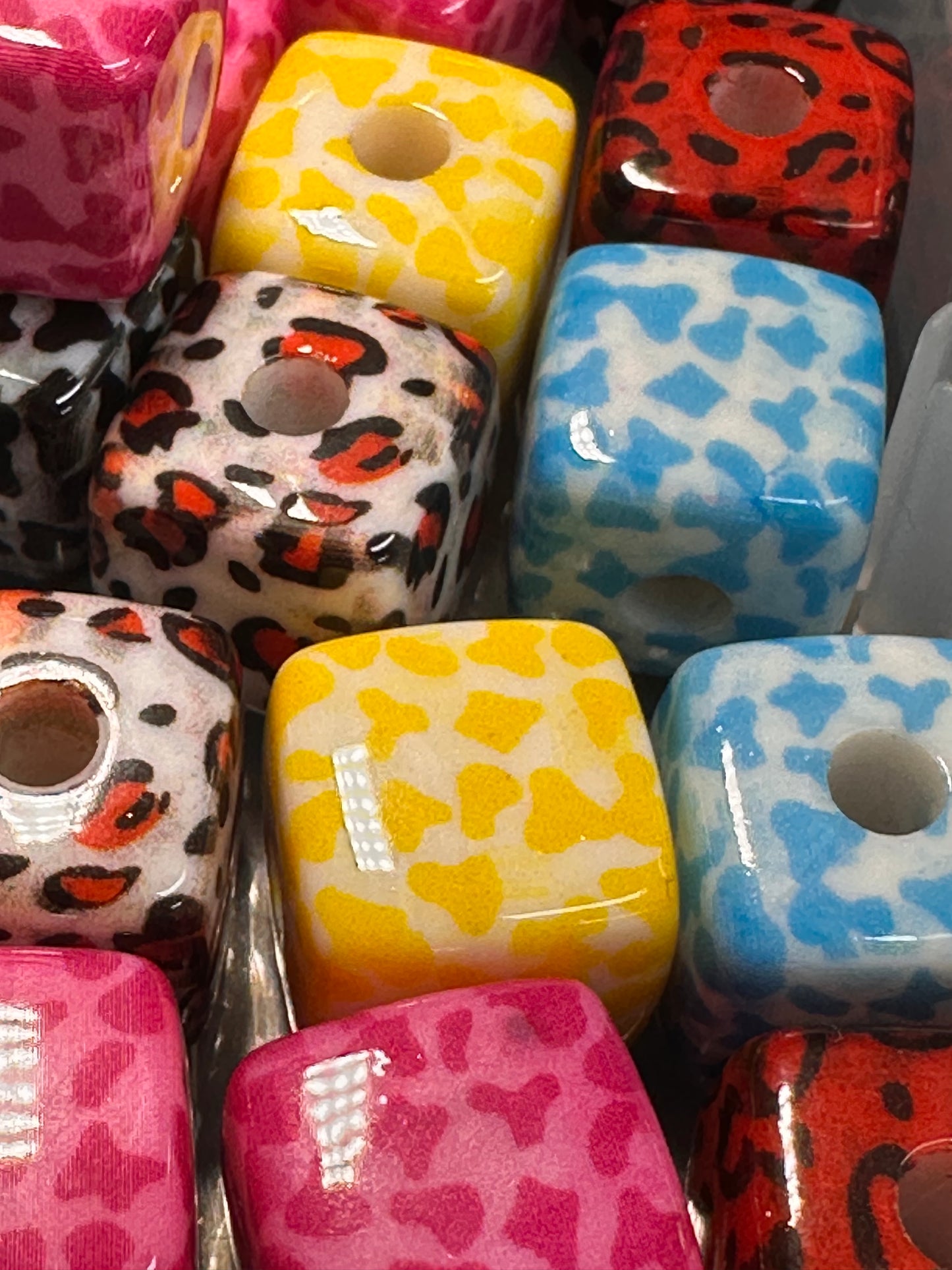 Ten (10) animal print cube shaped beads/ pen beading beads / keychain beads/ DIY/ 14mm/ acrylic/ assorted colors