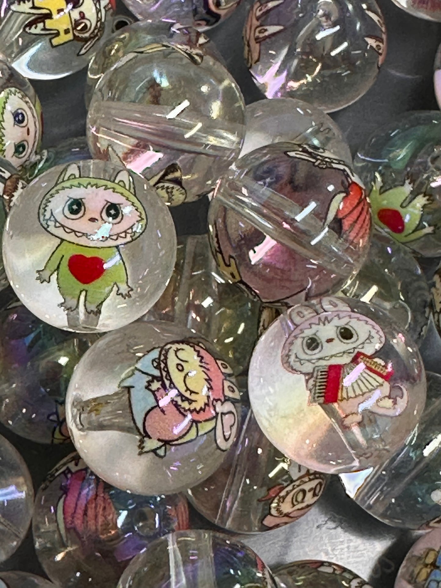 Labubu monster beads/ Ten (10) beads included assorted styles /Clear acrylic round beads/ will fit pen / keychain beads/ DIY/approx. 20 mm