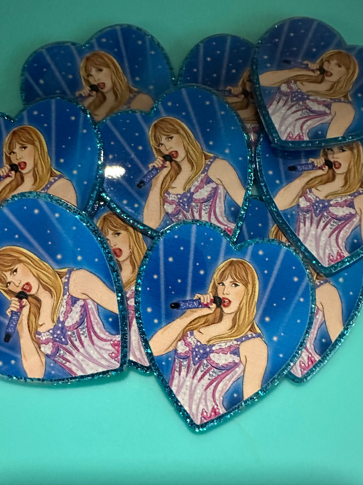 Three (3) Taylor Swift heart acrylic pieces/ cute print/ badge reel/