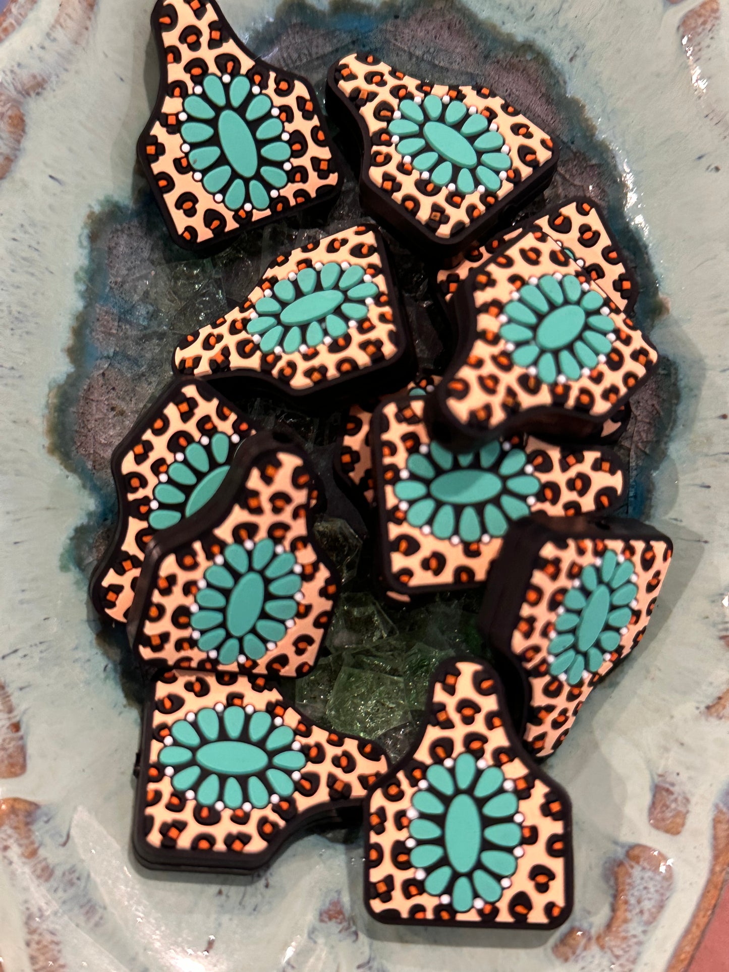 Cow tag silicone focal bead/ leopard print / turquoise/ western