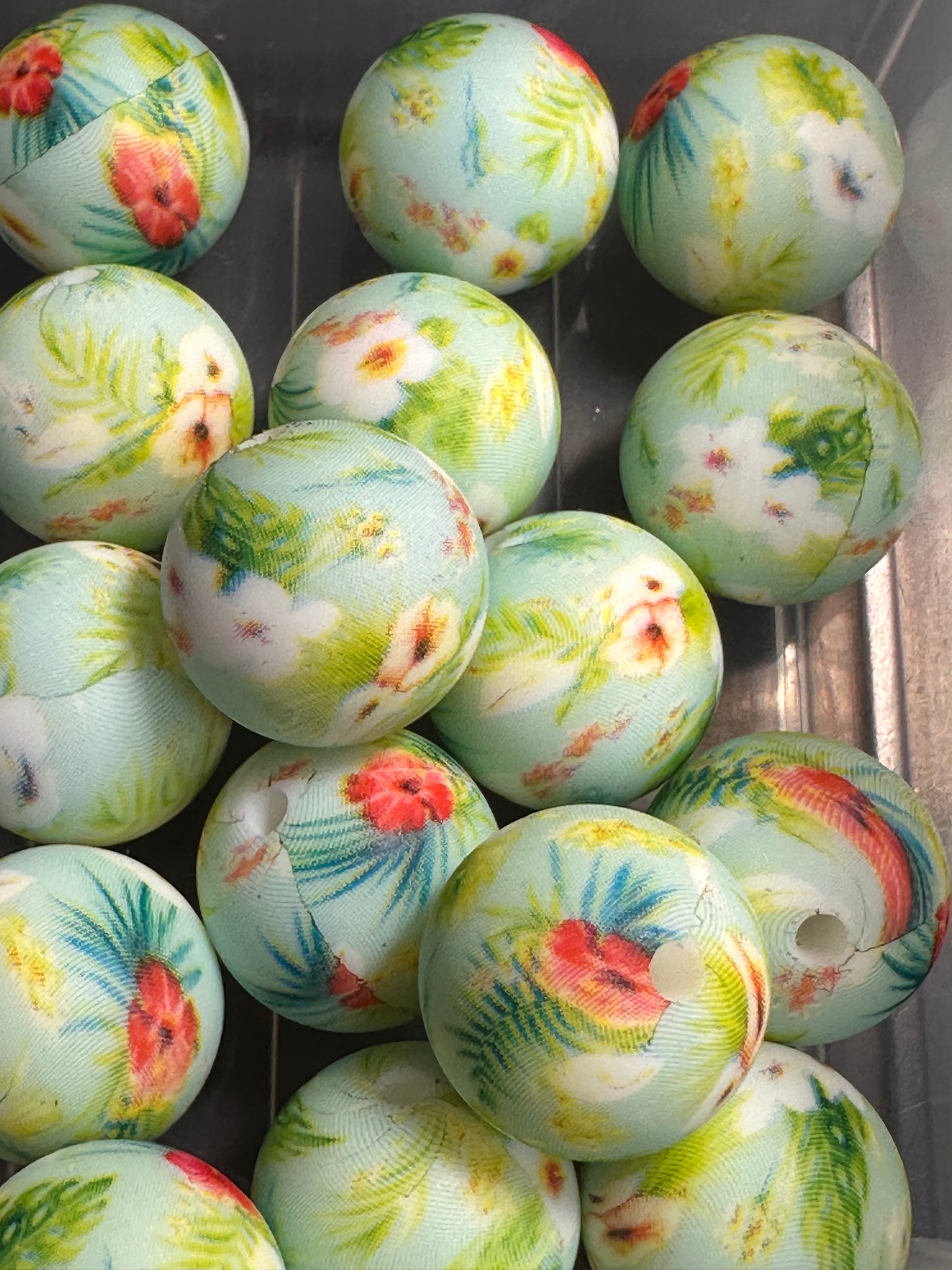 Flowery printed beads /15 mm round shaped/beadable pen/ keychain bead/10 beads included/