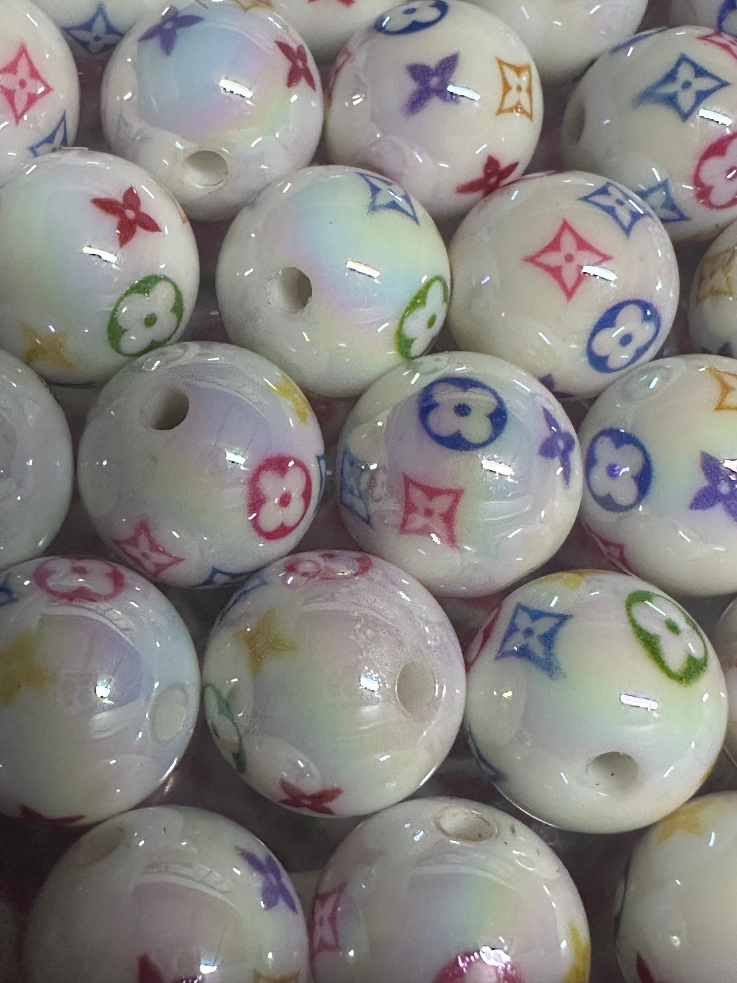 Designs on white jelly beads/ Ten (10) acrylic assorted colors pattern round shaped beads included/ jewelry Bead/ beadable pen beads/ keychain bead/ DIY/ shiny unique 16mm beads UV coated/