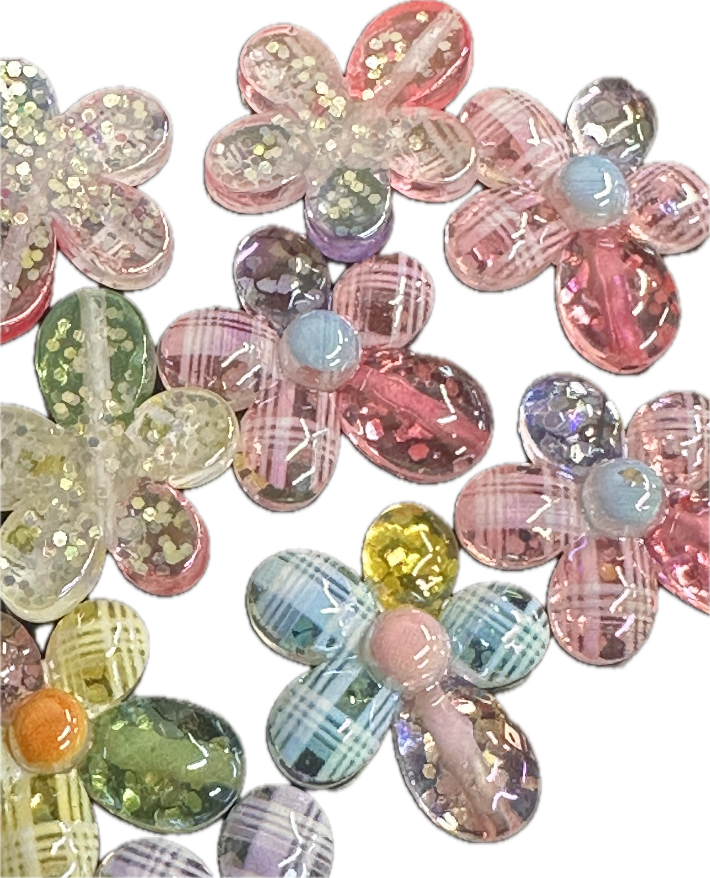 UV Shiny flower acrylic beads/ Flakes and glitter inside/ 31mm x 26mm