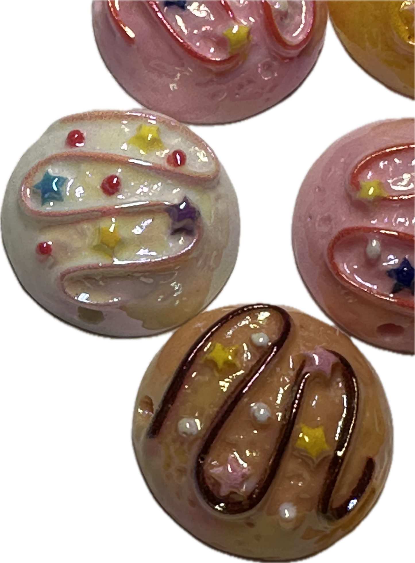 Five (5) unique pastel cookie beads included/ random choice of colors/ snack shaped acrylic/ Perfect for pen beading/ jewelry making/