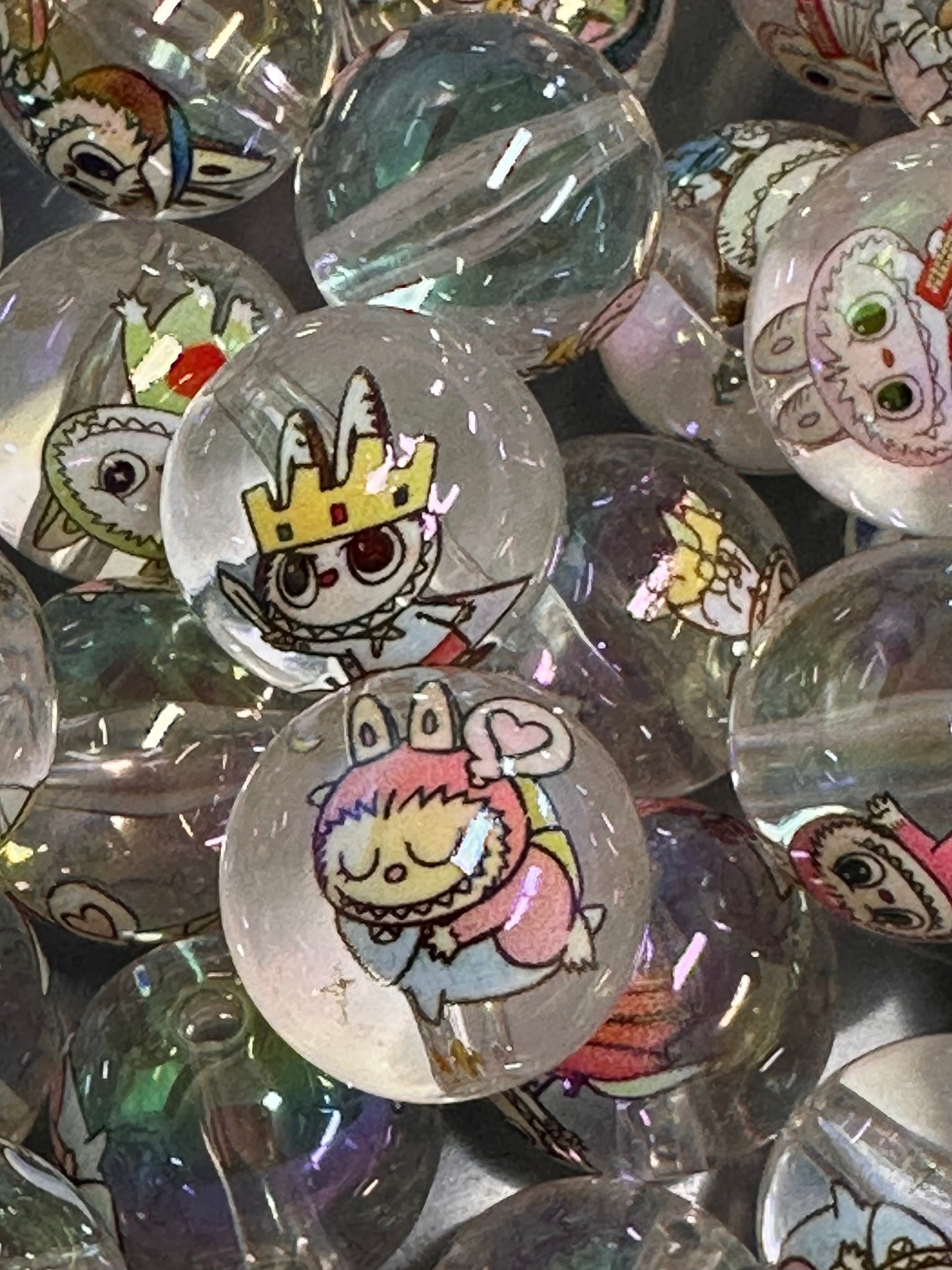Labubu monster beads/ Ten (10) beads included assorted styles /Clear acrylic round beads/ will fit pen / keychain beads/ DIY/approx. 20 mm