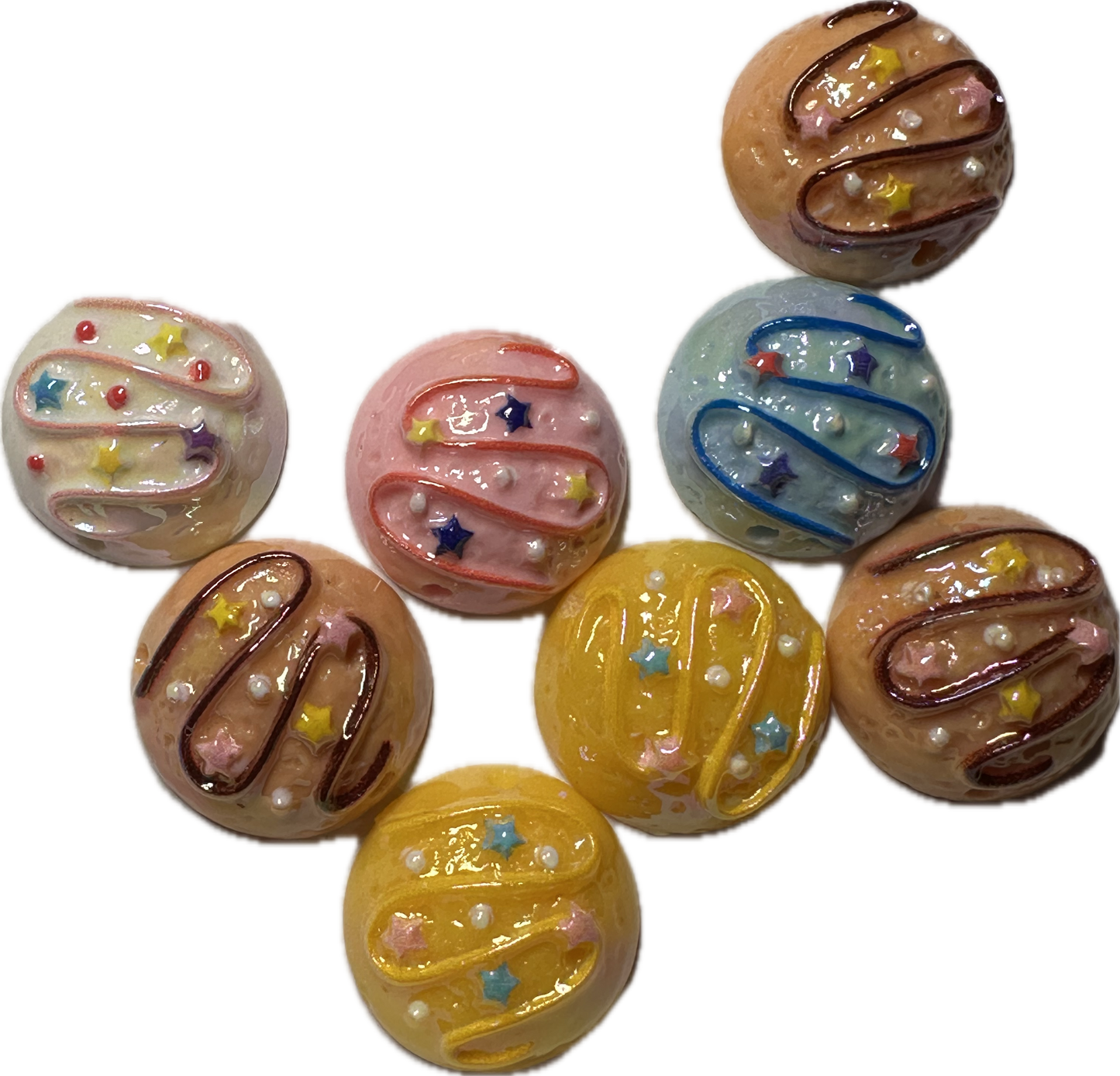 Five (5) unique pastel cookie beads included/ random choice of colors/ snack shaped acrylic/ Perfect for pen beading/ jewelry making/