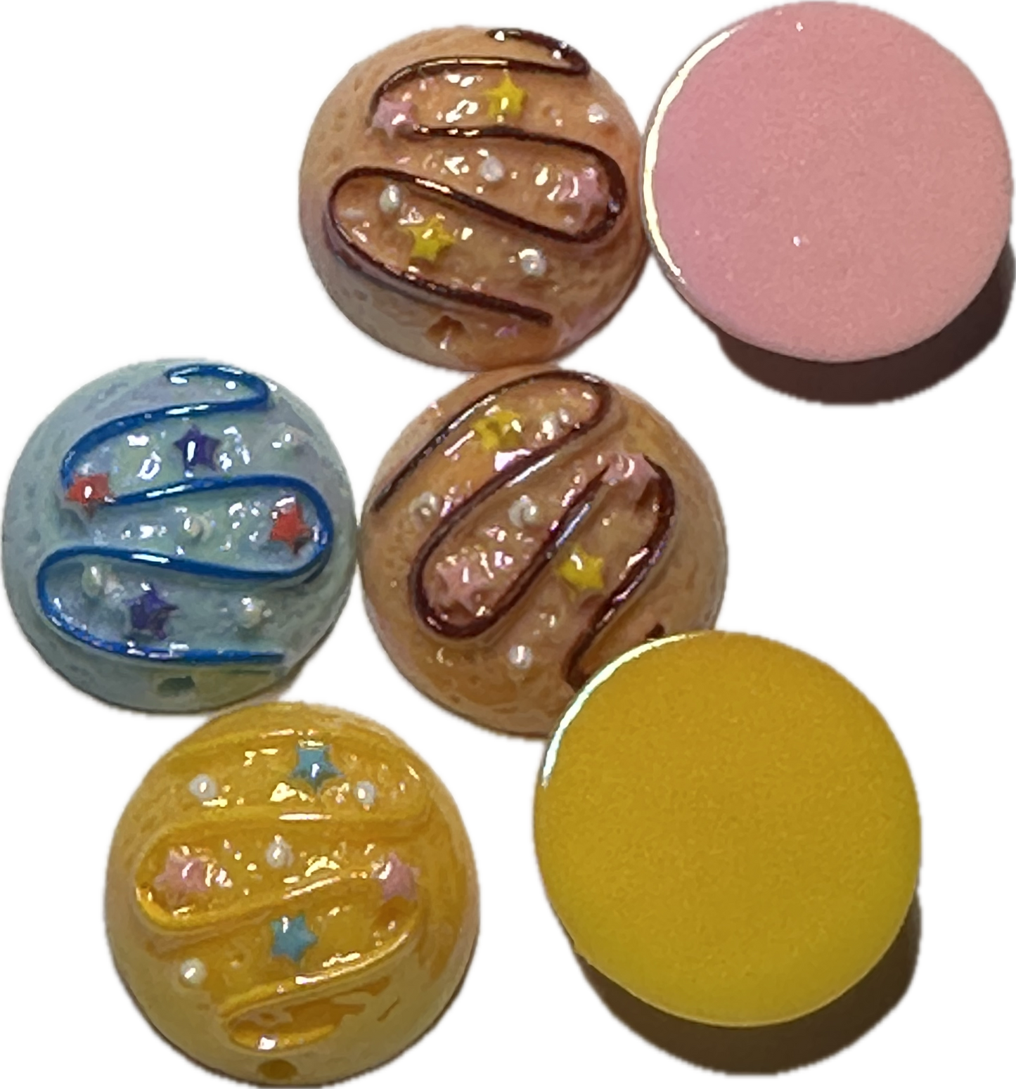 Five (5) unique pastel cookie beads included/ random choice of colors/ snack shaped acrylic/ Perfect for pen beading/ jewelry making/