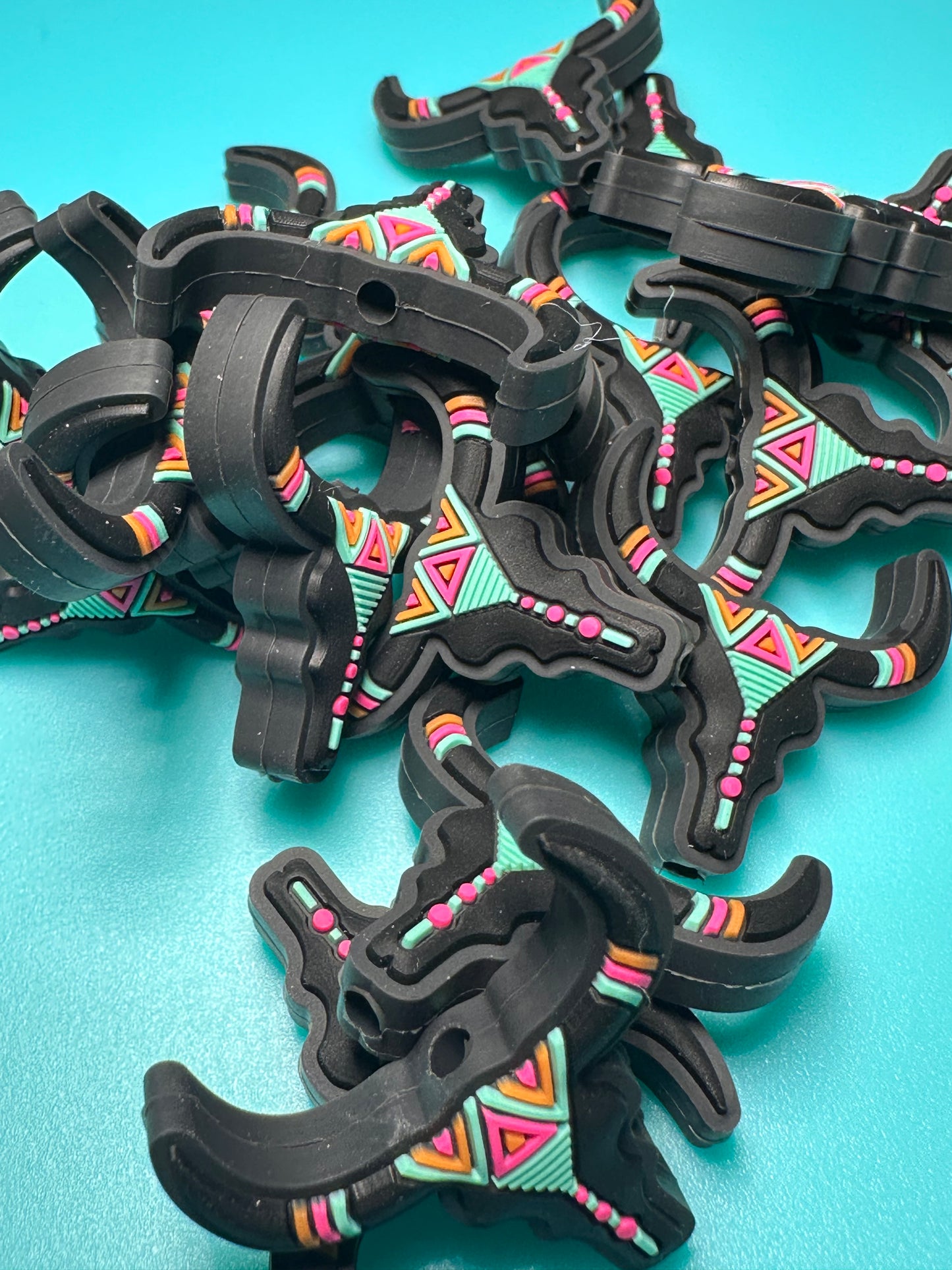 Aqua and pink Aztec cow head steer skeleton Focal Bead /