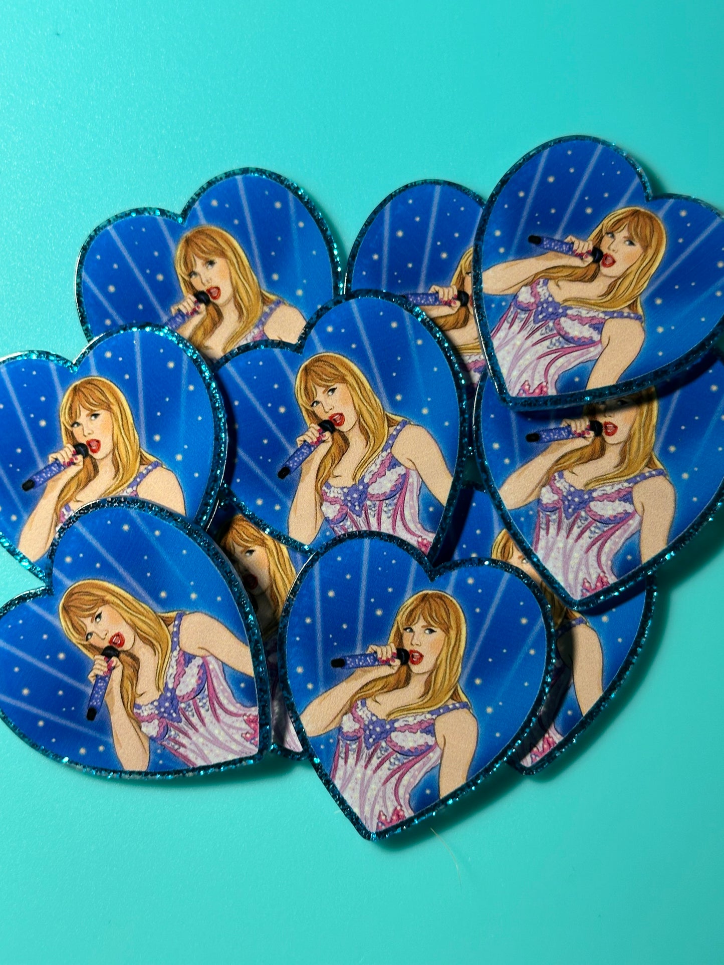 Three (3) Taylor Swift heart acrylic pieces/ cute print/ badge reel/