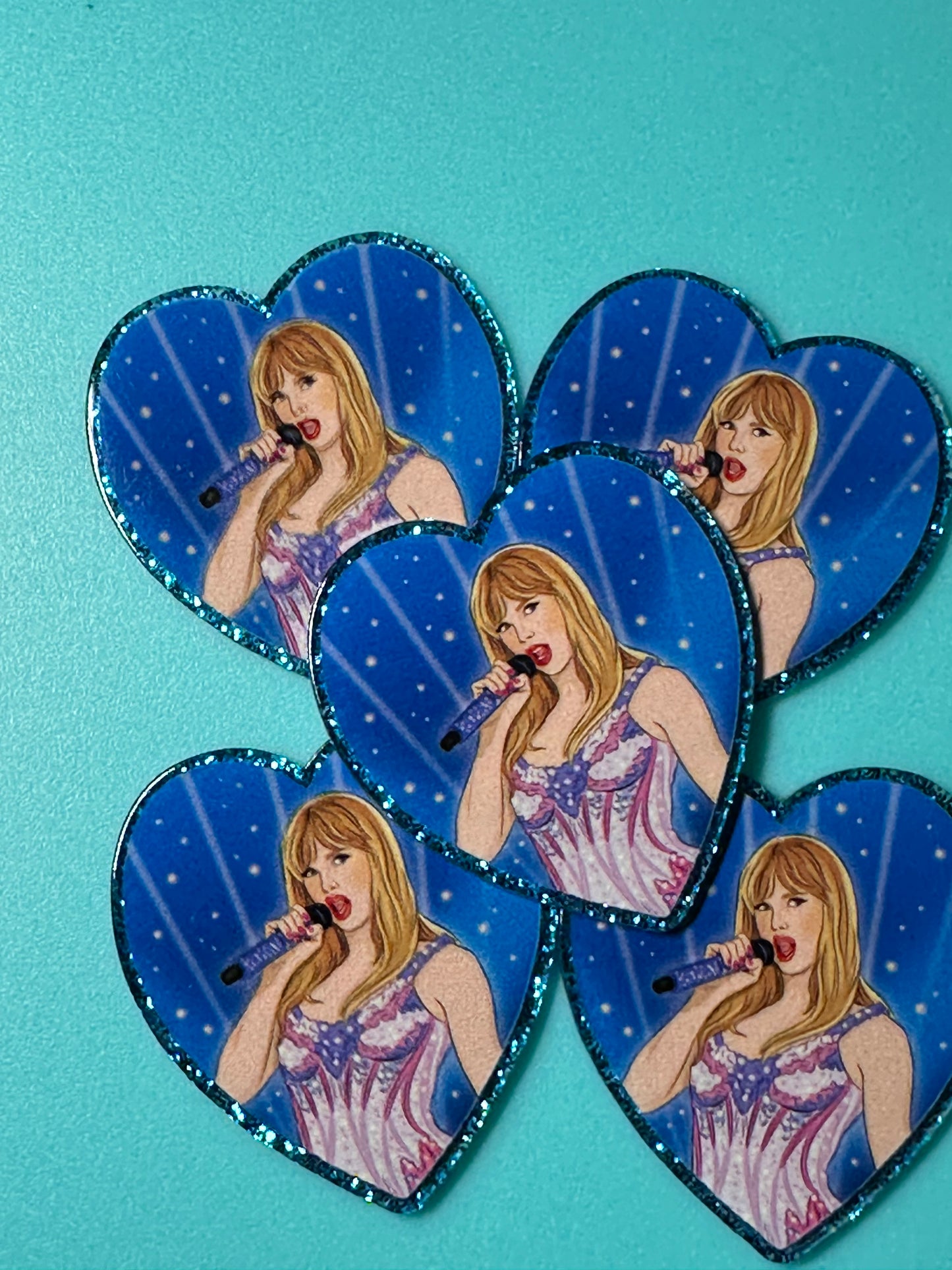 Three (3) Taylor Swift heart acrylic pieces/ cute print/ badge reel/