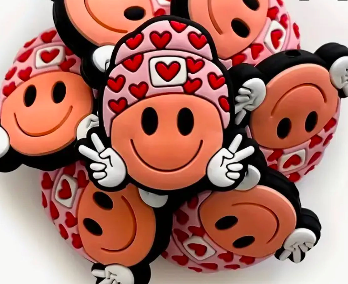 Heart print smiley face/Focal Bead/ beadable pen/ Silicone bead/ keychain bead/ beanie hat