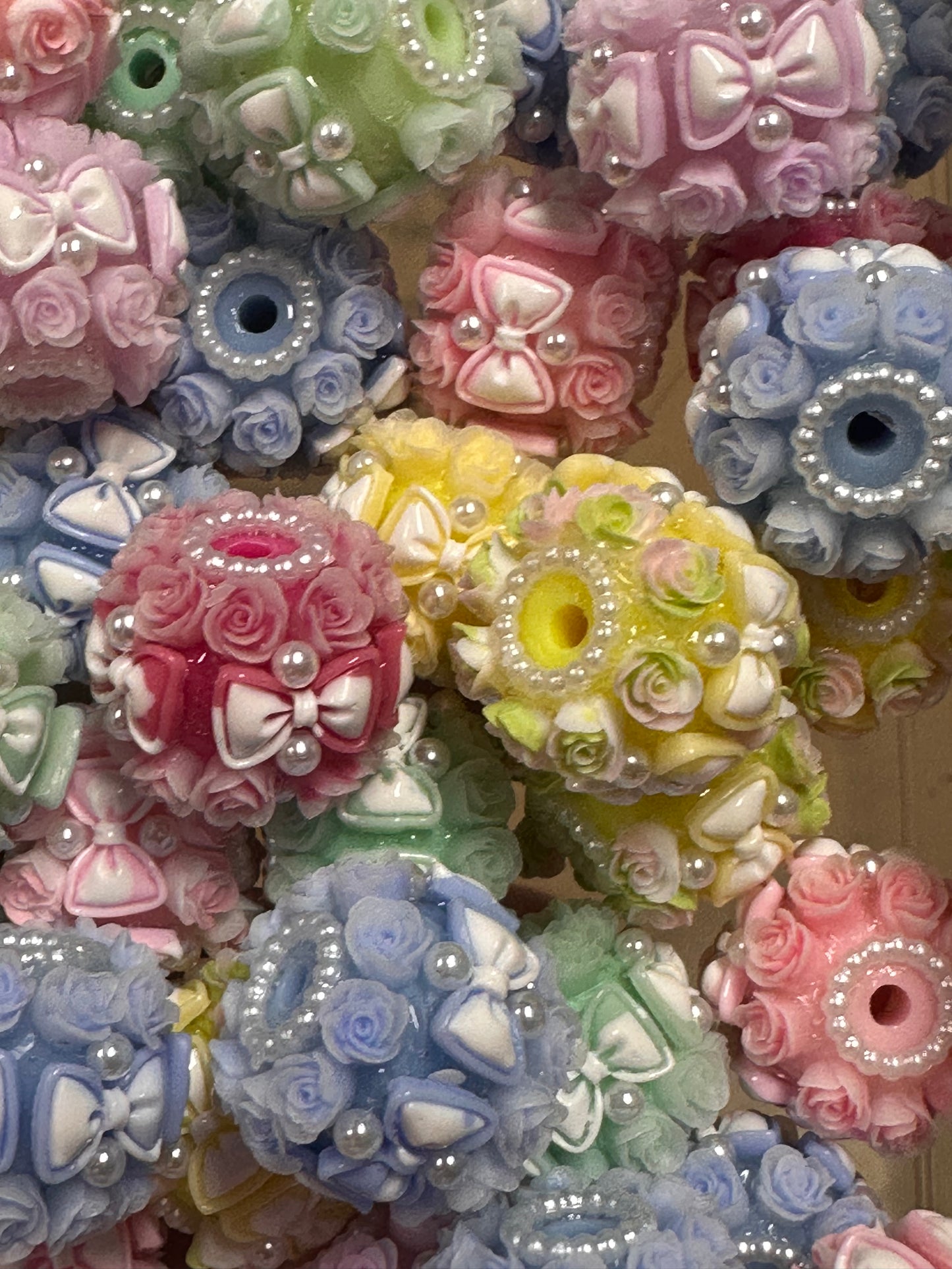 Handmade Beads – Pastel Roses and Bows with Pearls / elegant handcrafted beads/ bows and mini pearl beads/