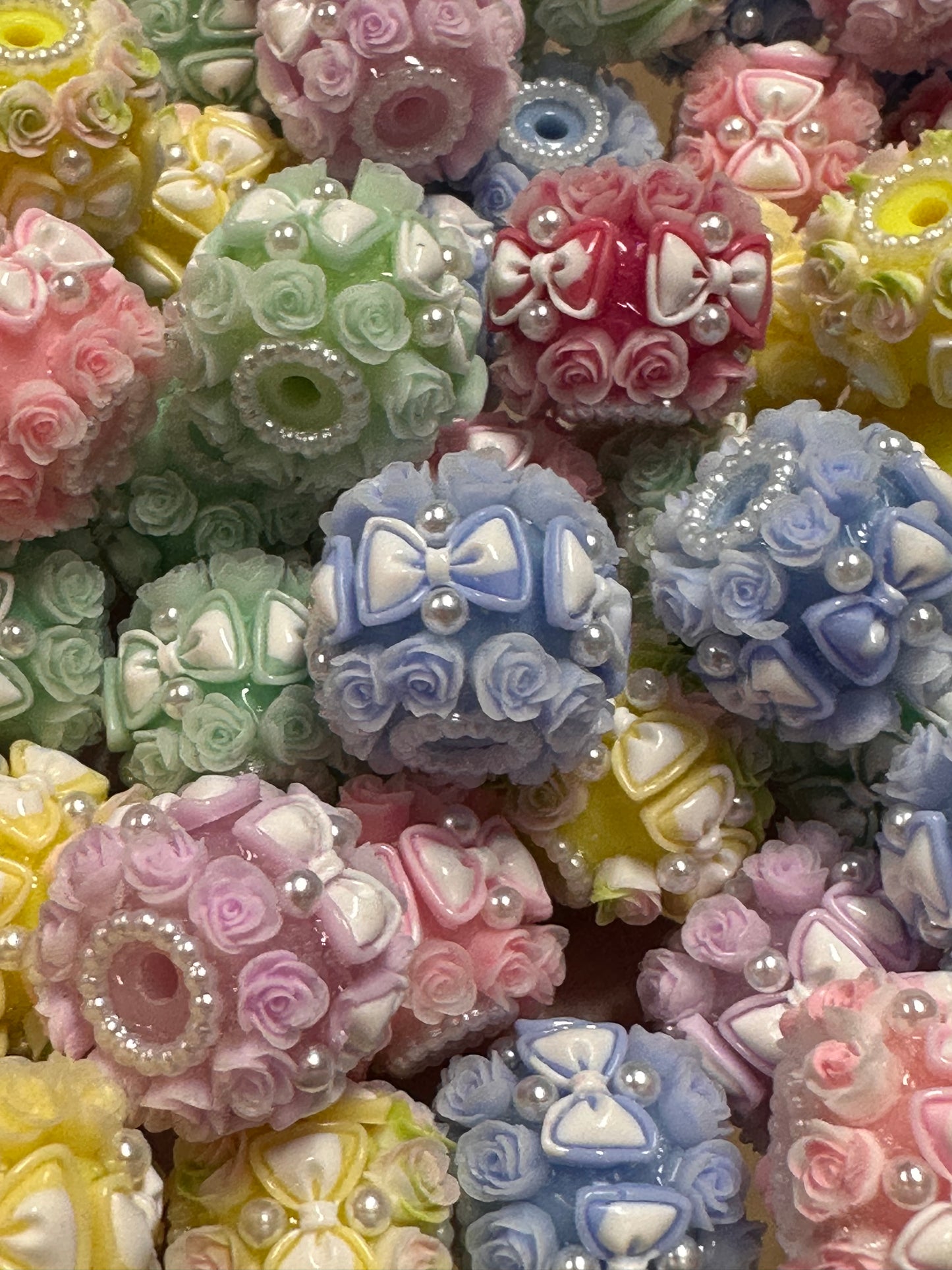 Handmade Beads – Pastel Roses and Bows with Pearls / elegant handcrafted beads/ bows and mini pearl beads/