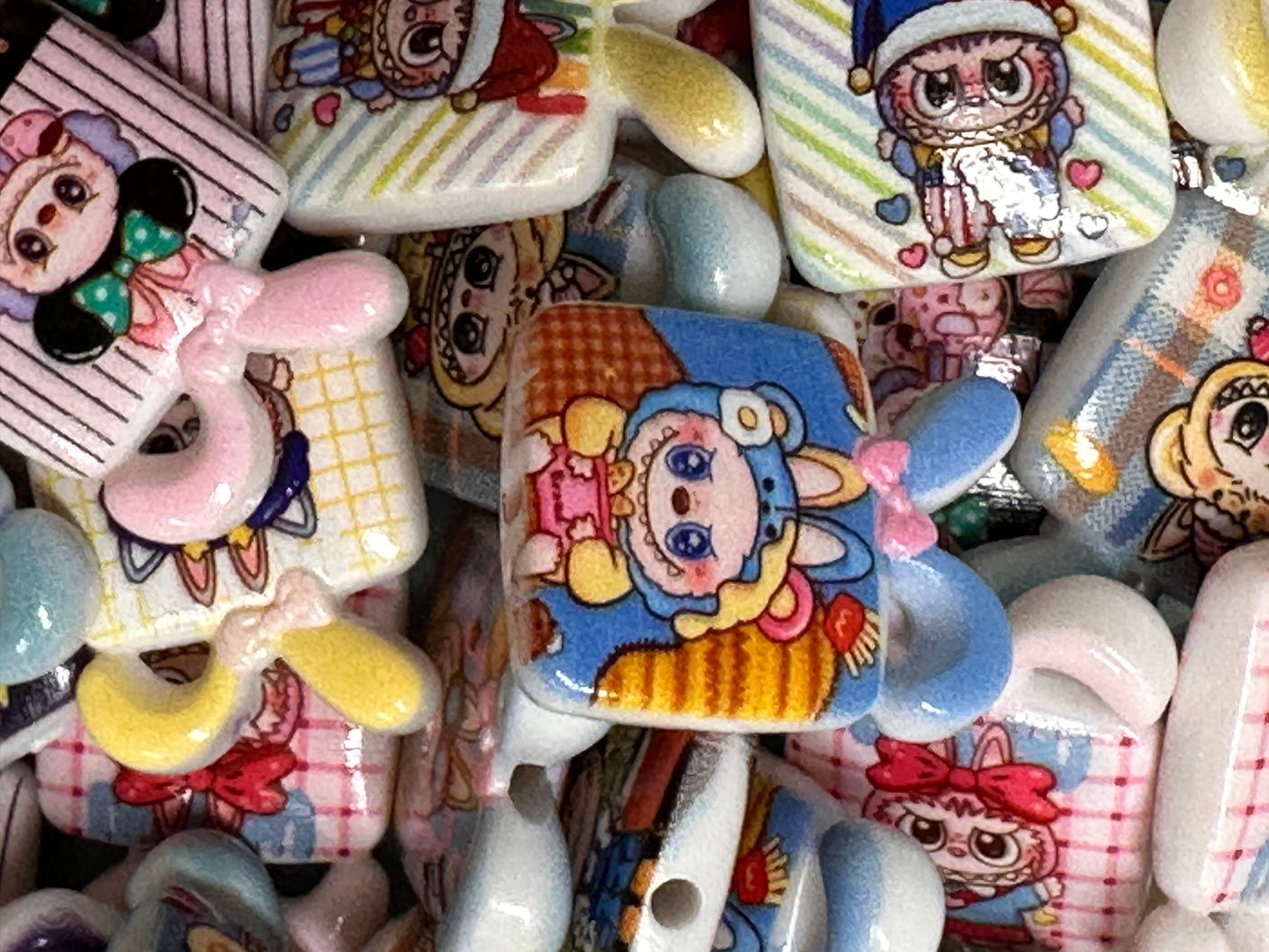 Labubu monster beads/ Ten (10) beads included assorted styles / double sided beads/ will fit pen / keychain beads/ DIY/approx. 25mm x 23mm