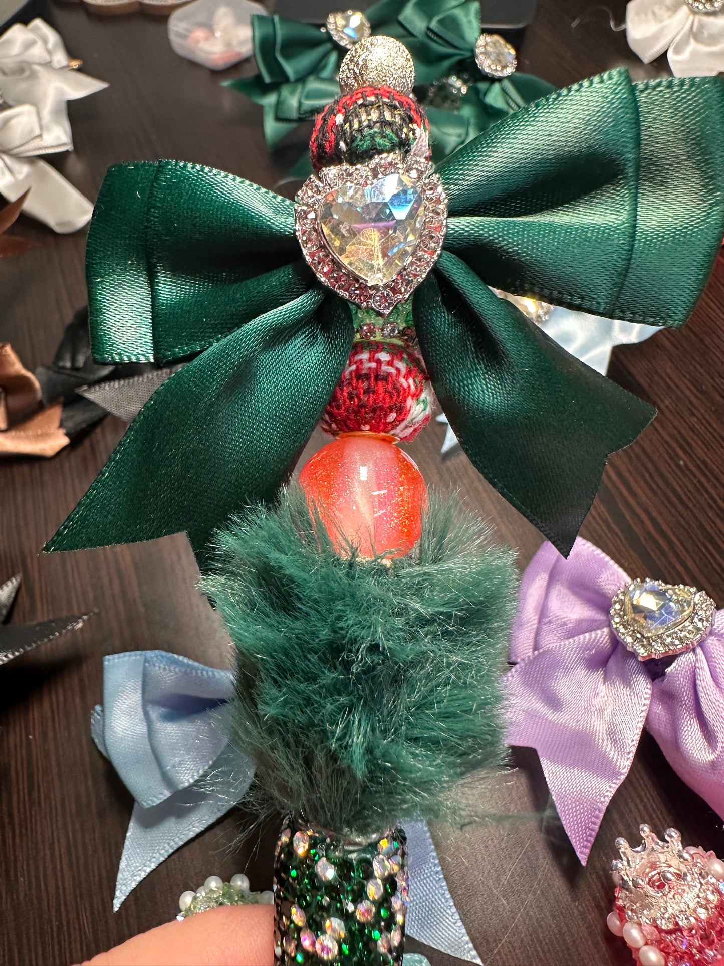 Large fancy rhinestones crown beads with satin bow