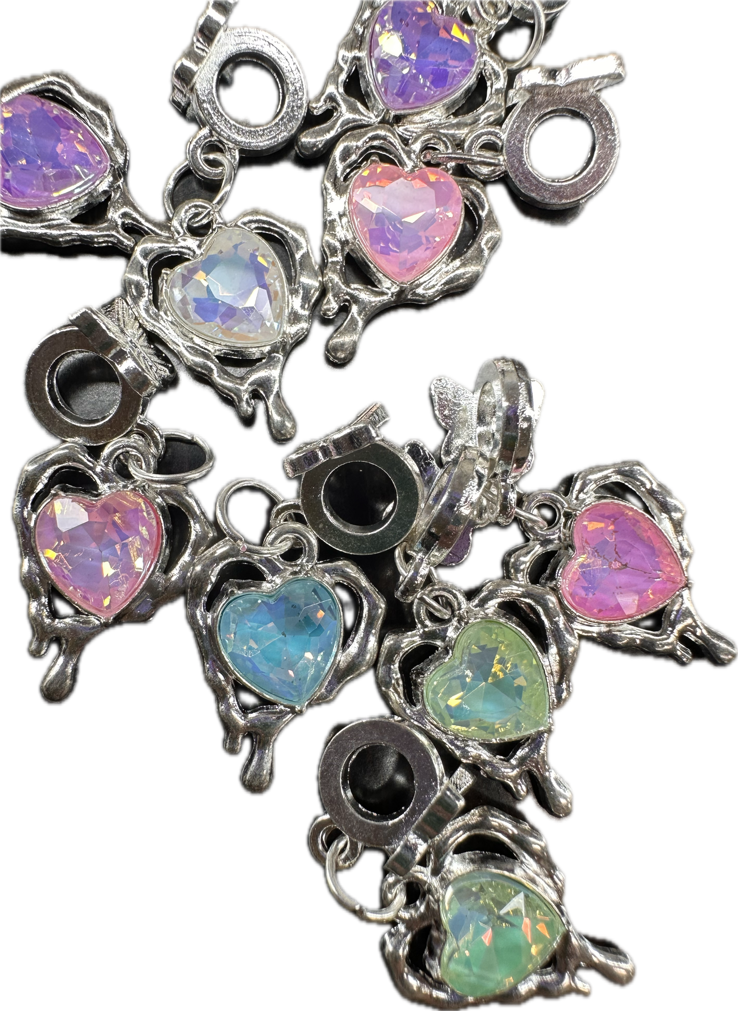 Iridescent Heart Gem Charms with Butterfly Bail ā Silver Pendant Beads for Beadable Pens, Bracelets & Keychains (Sold in 1 or Set of 5)