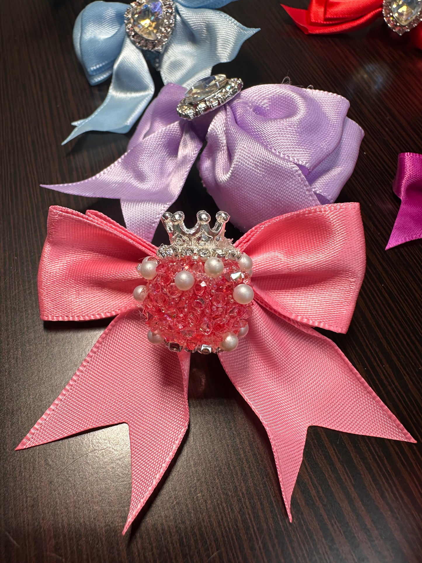 Large fancy rhinestones crown beads with satin bow