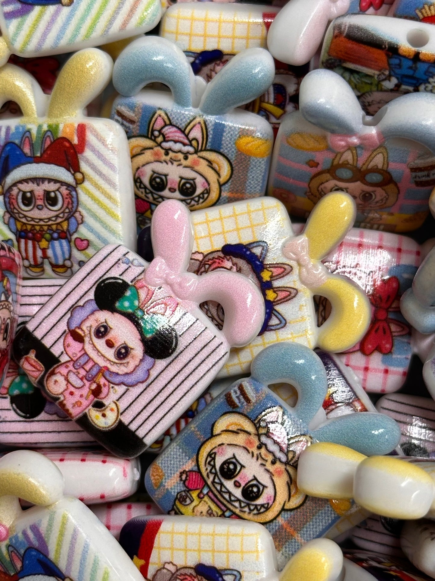 Labubu monster beads/ Ten (10) beads included assorted styles / double sided beads/ will fit pen / keychain beads/ DIY/approx. 25mm x 23mm