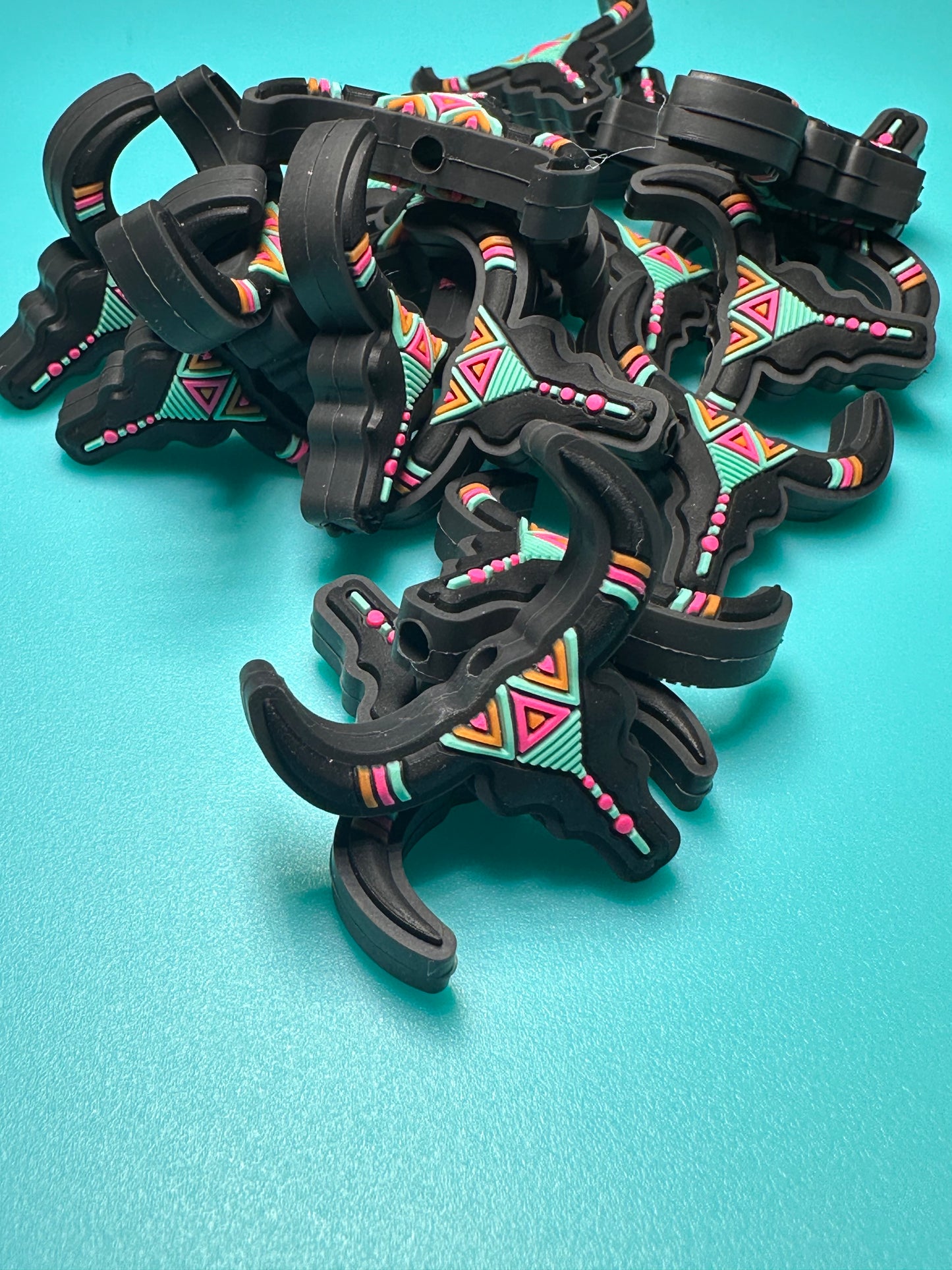 Aqua and pink Aztec cow head steer skeleton Focal Bead /
