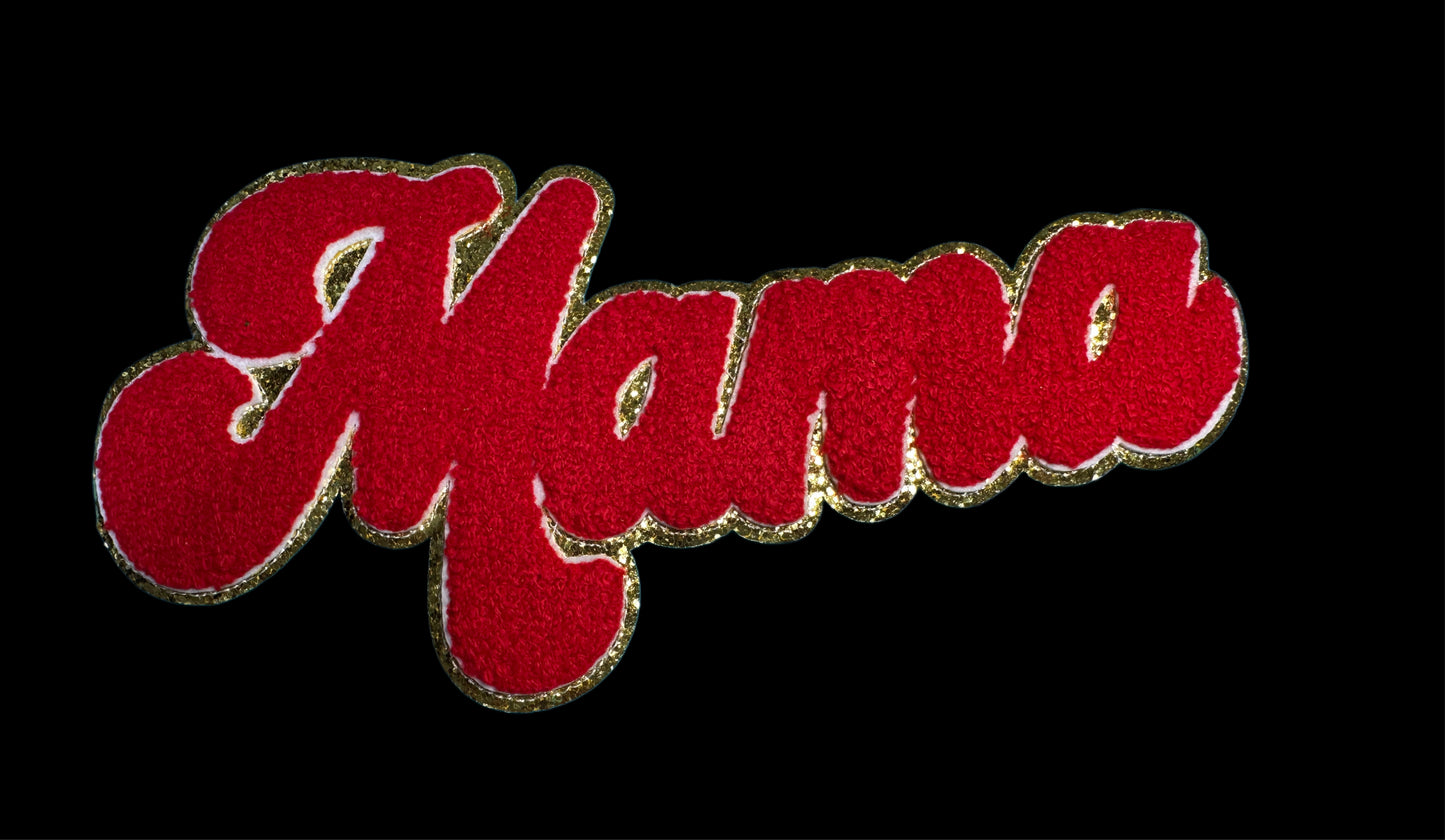 RED AND GOLD PATCH LARGE APPROX. 5X9.5 -RED CHENILLE AND GOLD GLITTER