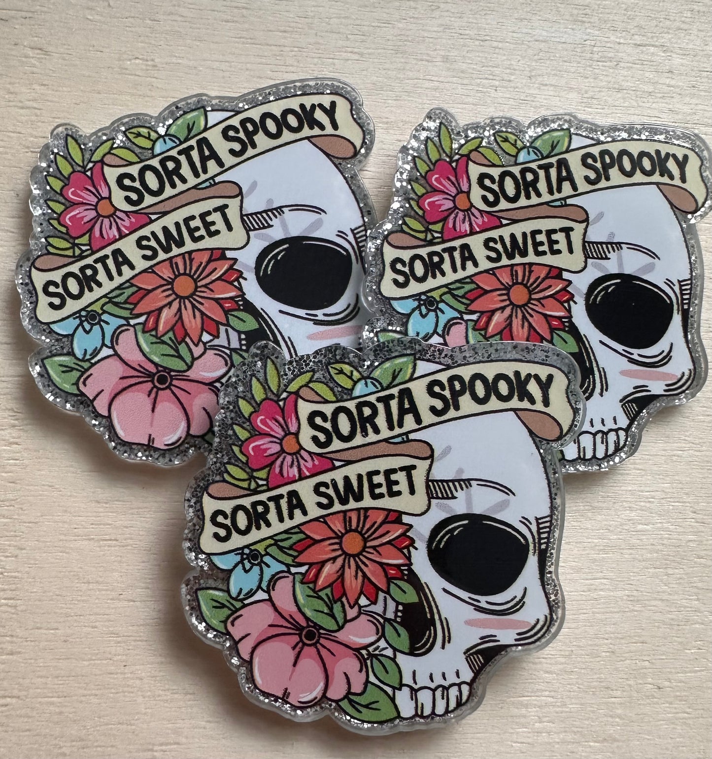 Three (3) Badge Reel skull with flowers acrylic pieces/ cute print/ badge reel/ sorta spooky sorta sweet badge