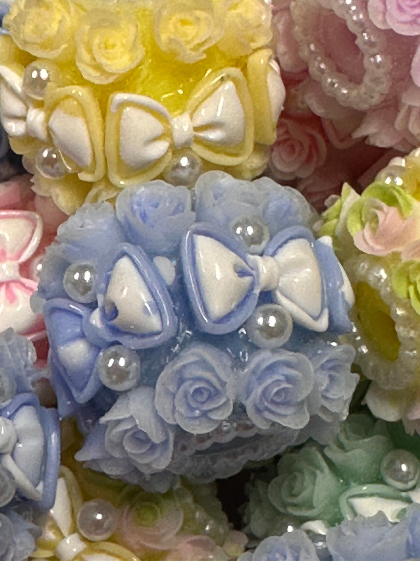 Handmade Beads – Pastel Roses and Bows with Pearls / elegant handcrafted beads/ bows and mini pearl beads/