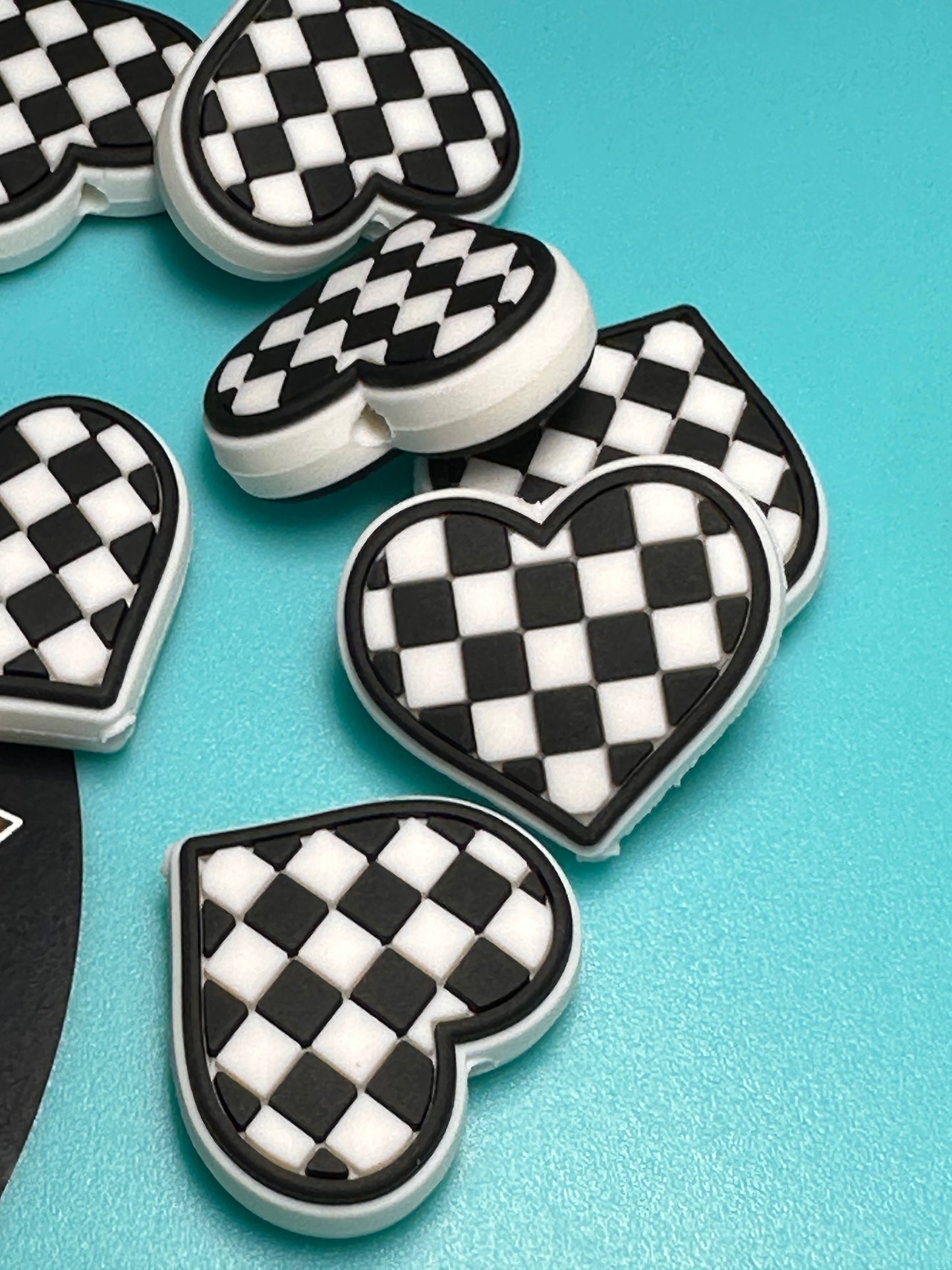 Heart Love beads/ beadable pen/ Silicone bead/ keychain bead/Valentines Day hearts/ checkered/ racing flag