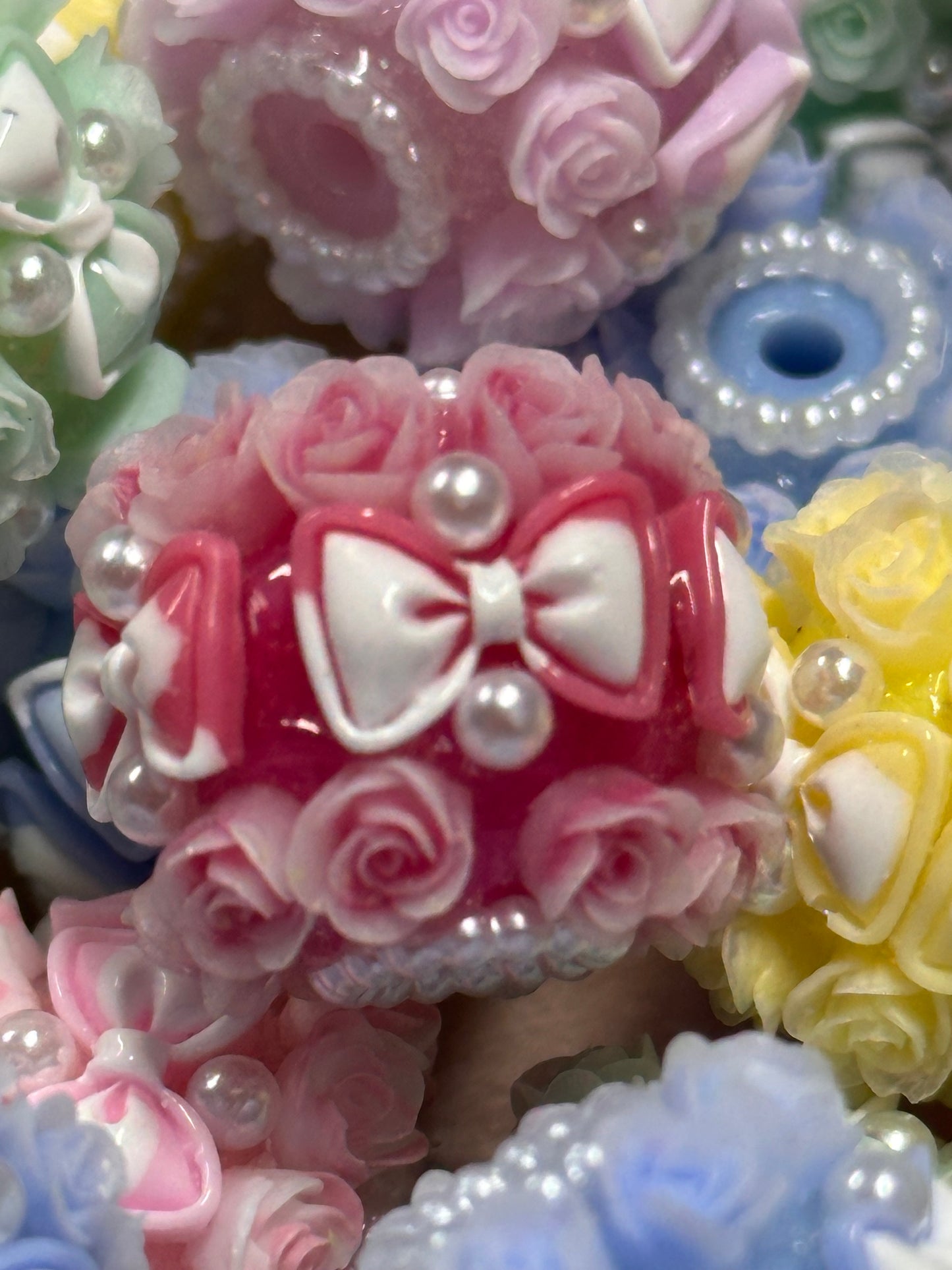 Handmade Beads – Pastel Roses and Bows with Pearls / elegant handcrafted beads/ bows and mini pearl beads/