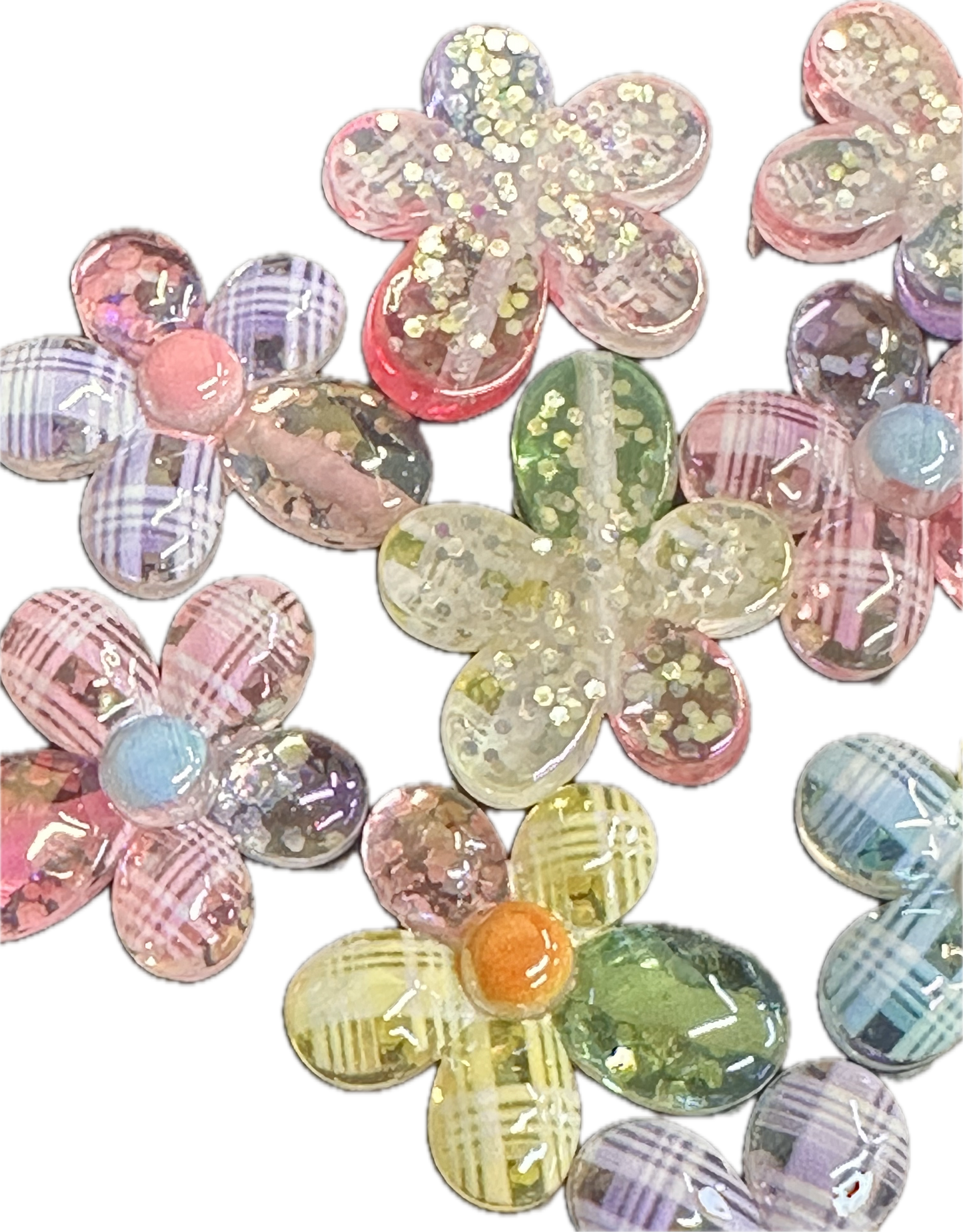 UV Shiny flower acrylic beads/ Flakes and glitter inside/ 31mm x 26mm