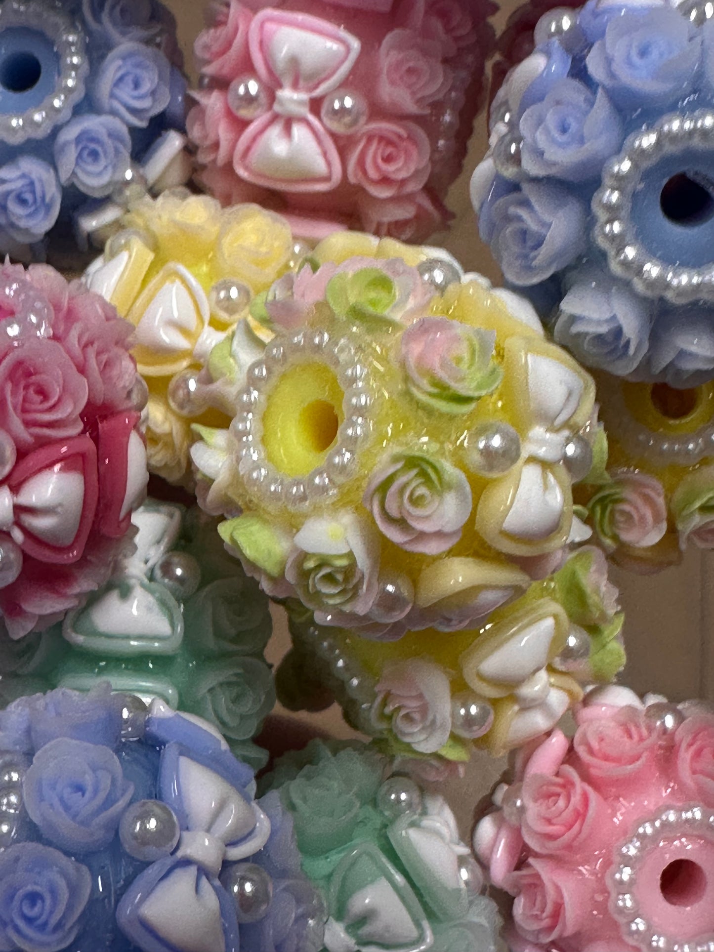 Handmade Beads – Pastel Roses and Bows with Pearls / elegant handcrafted beads/ bows and mini pearl beads/