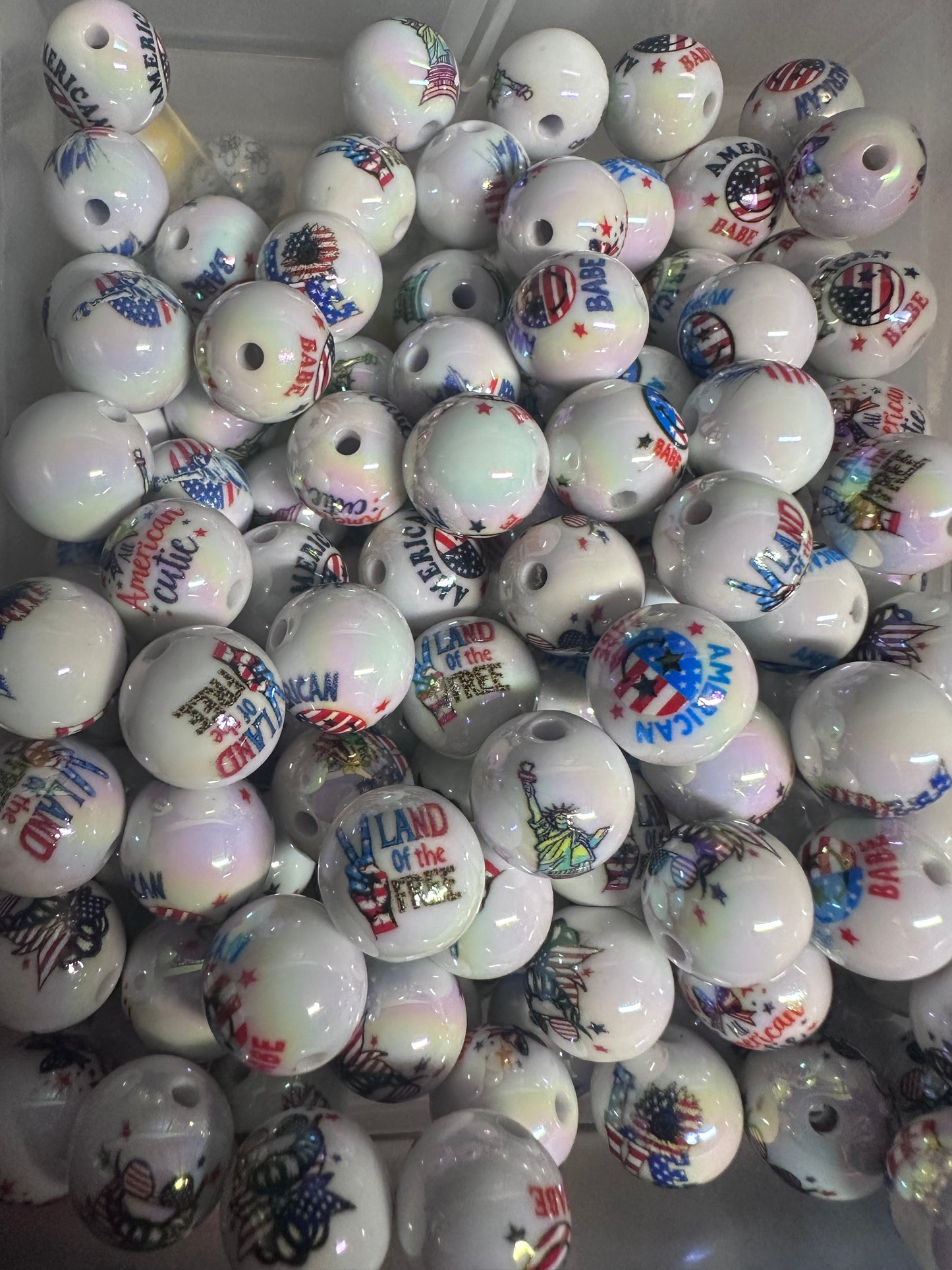 Acrylic white beads with USA themes on them included/ Bead/ beadable pen/ keychain bead/ Patriotic beads/ Ten (10) beads/16mm