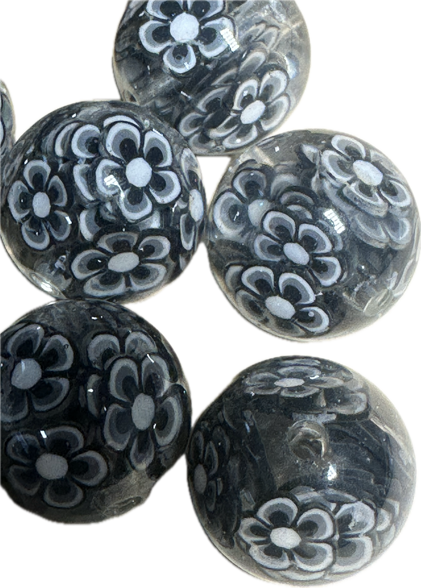 20mm resin beads with black and white flowers inside/ set of five (5) 20mm beads/ infused beads/ pen beading beads/ beautiful / keychain beads/ DIY