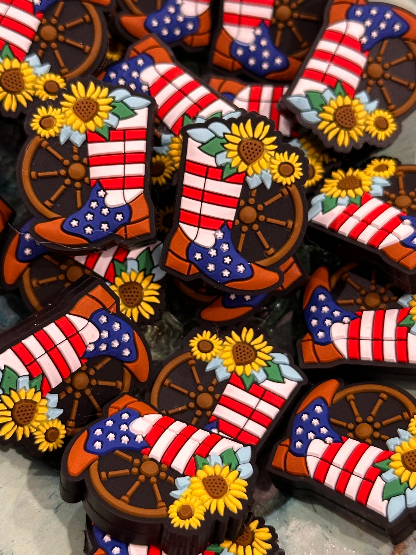 Patriotic Focal Bead/ American flag/ sunflower/ cowboy boots