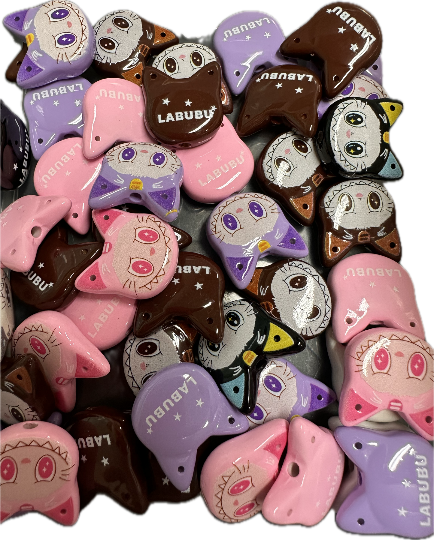 Metal Labubu monster beads/ Ten (10) beads included assorted styles / double sided beads/ will fit pen / keychain beads/ DIY/approx. 22mm x 23mm
