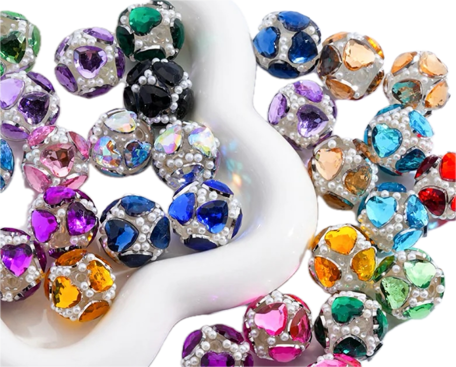 Fancy handmade heart rhinestone beads/fancy Beads/ beadable pen/ keychain bead/(5) Five beads included /20mm