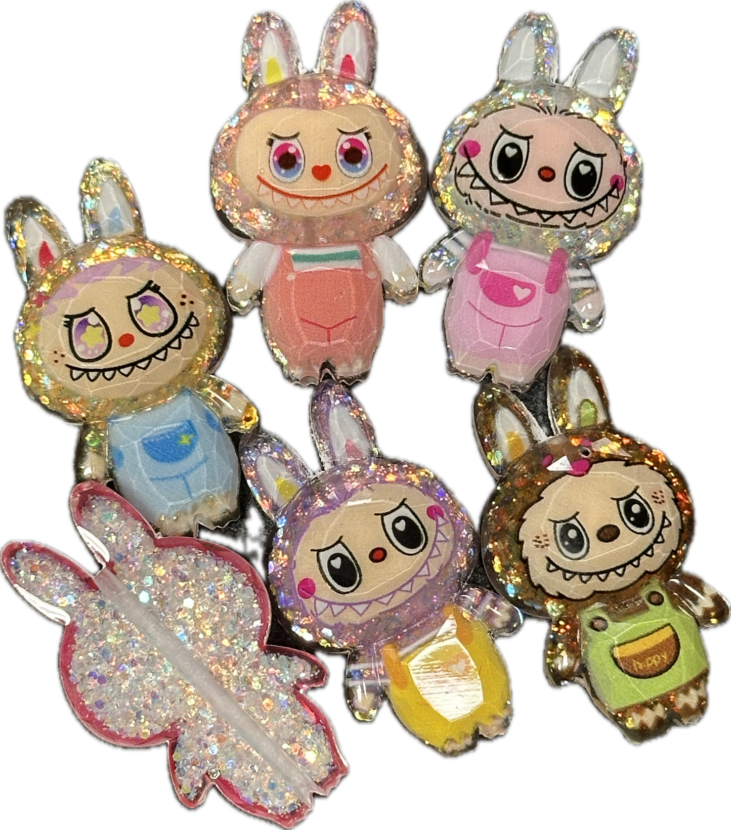 Glue On Glitter Labubu Charms – Flat Back Embellishments for DIY Crafts- Set of 5 different designs