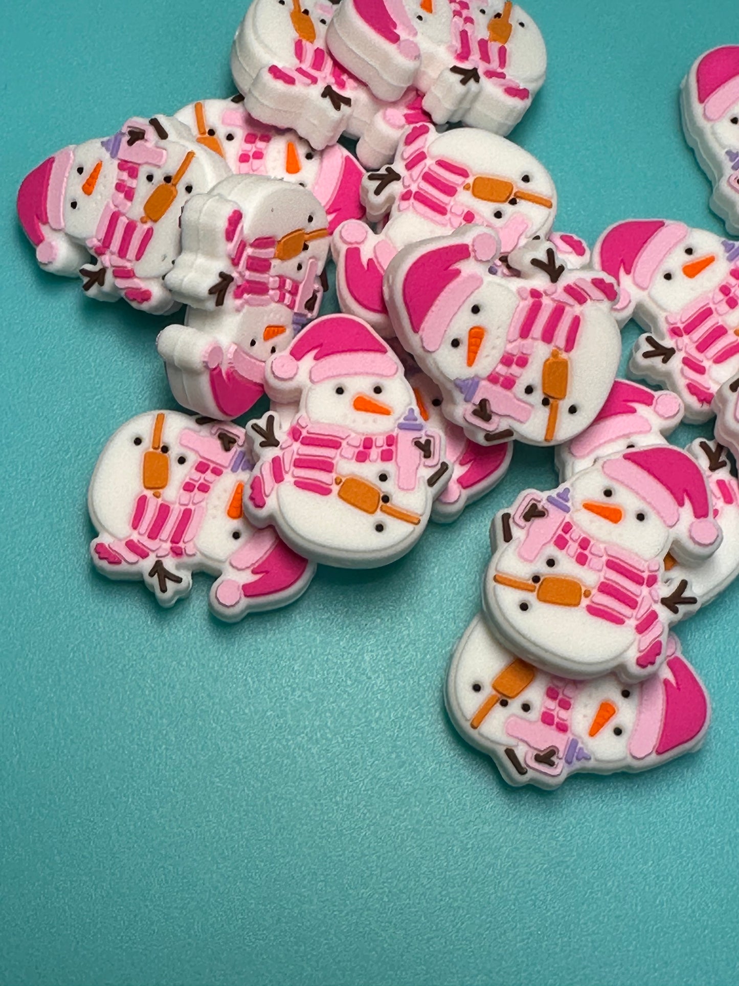 Pink Snowman holding tumbler Christmas/ Focal Bead/ beadable pen/ Silicone bead/ keychain bead/snow lady